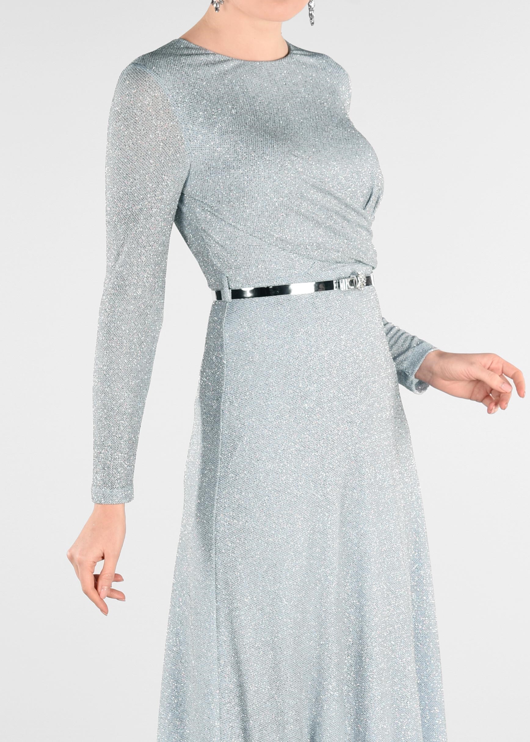 Tesettür giyim MAVİ SİMLİ KUMAŞTAN ABİYE ELBİSE 5473 