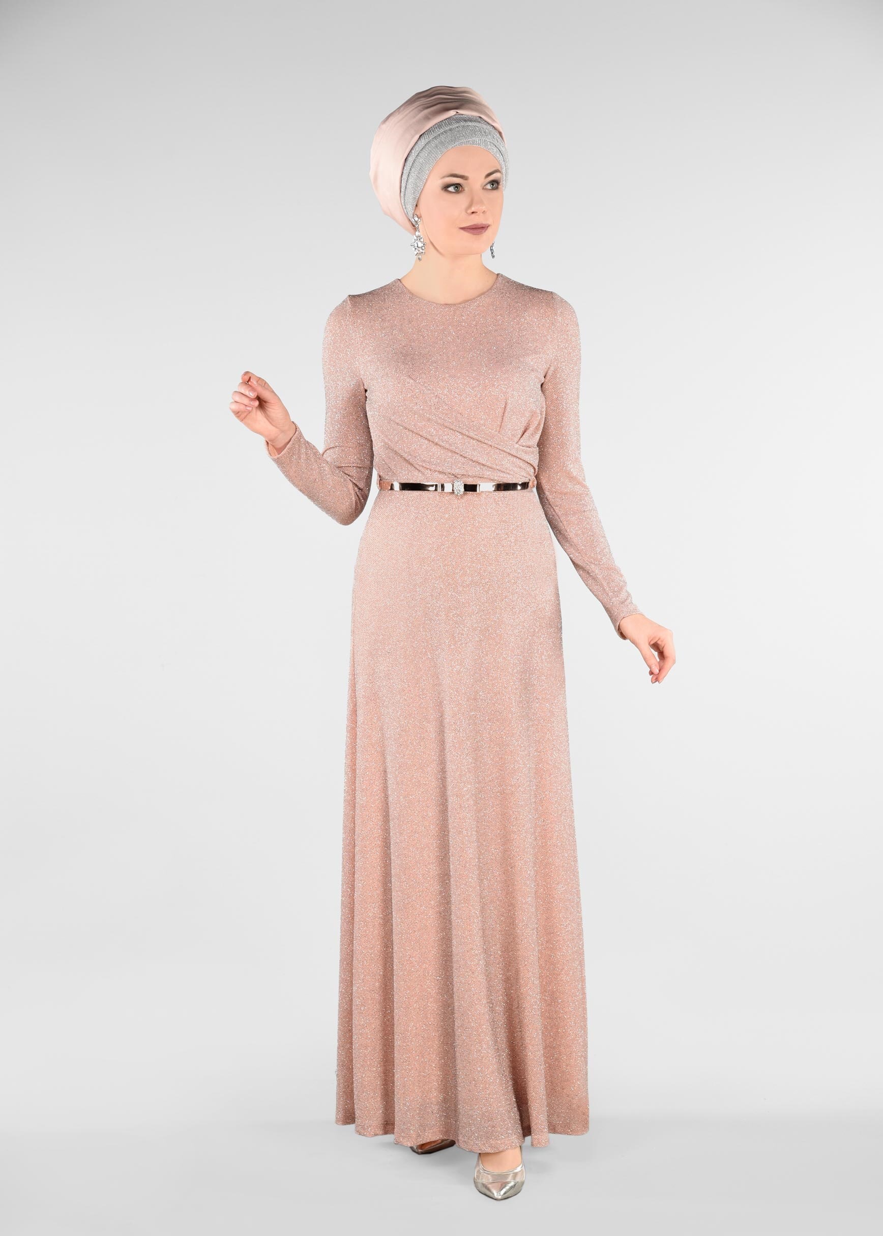 Tesettür giyim PUDRA SİMLİ KUMAŞTAN ABİYE ELBİSE 5473 