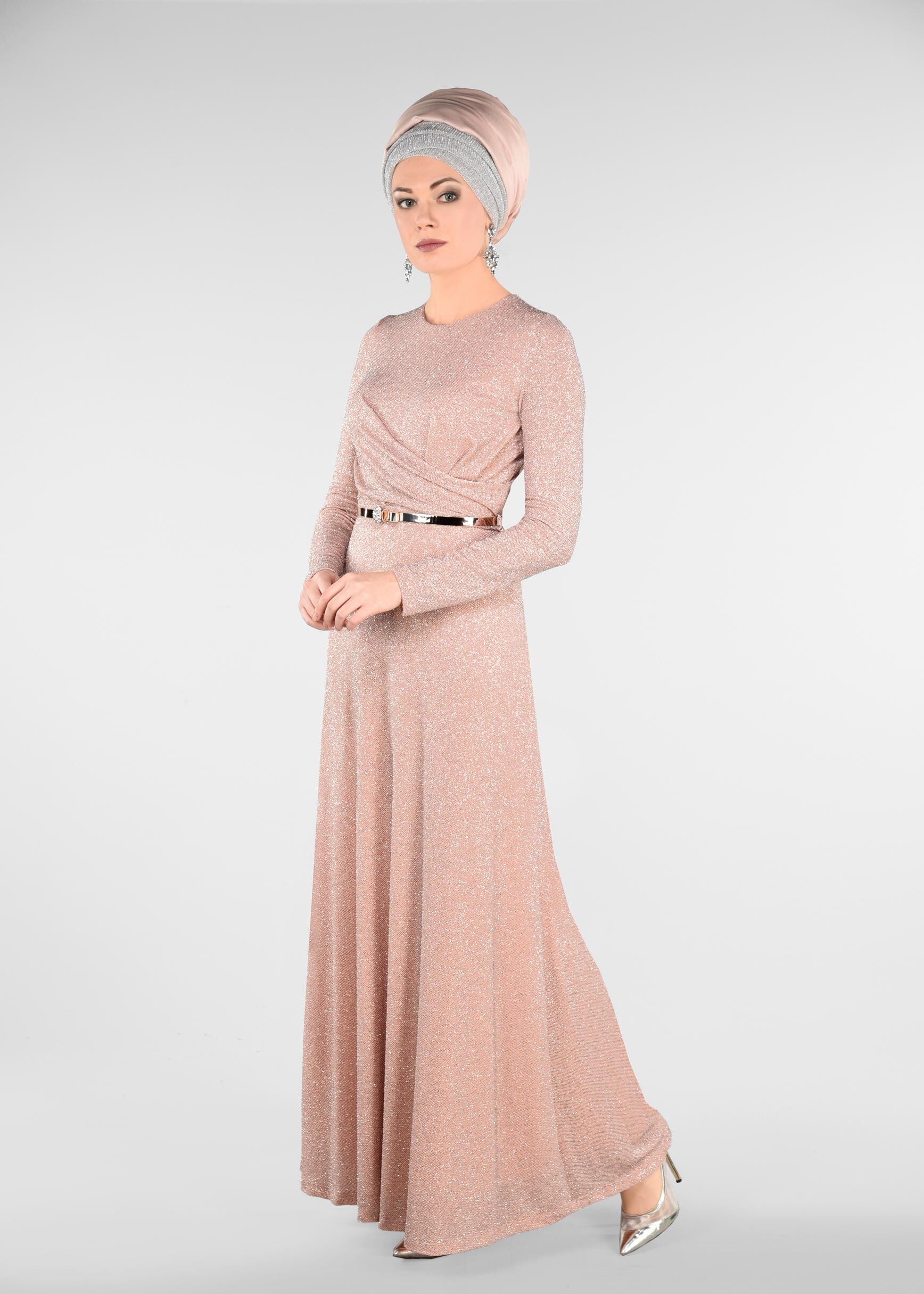 Tesettür giyim PUDRA SİMLİ KUMAŞTAN ABİYE ELBİSE 5473 