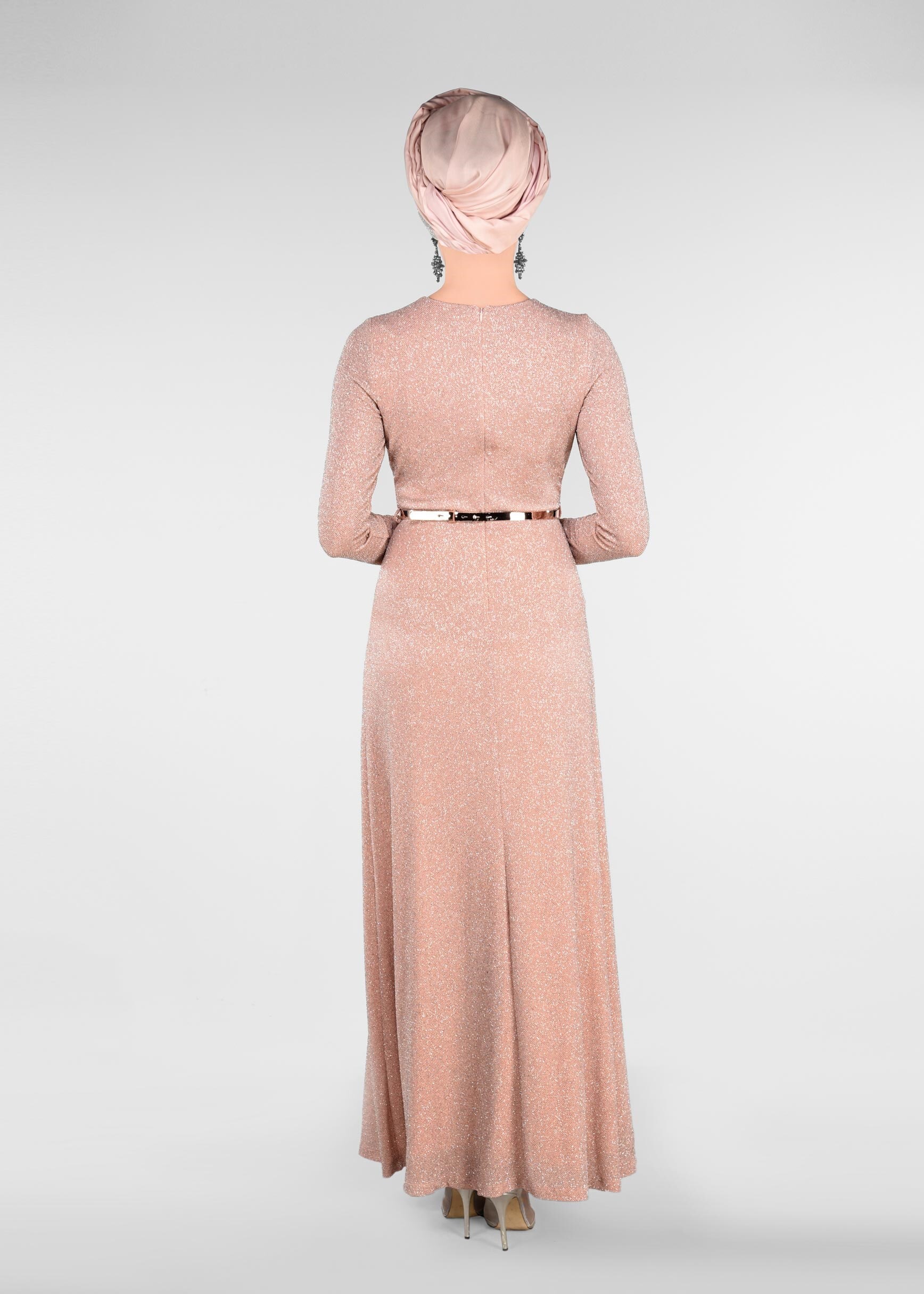 Tesettür giyim PUDRA SİMLİ KUMAŞTAN ABİYE ELBİSE 5473 