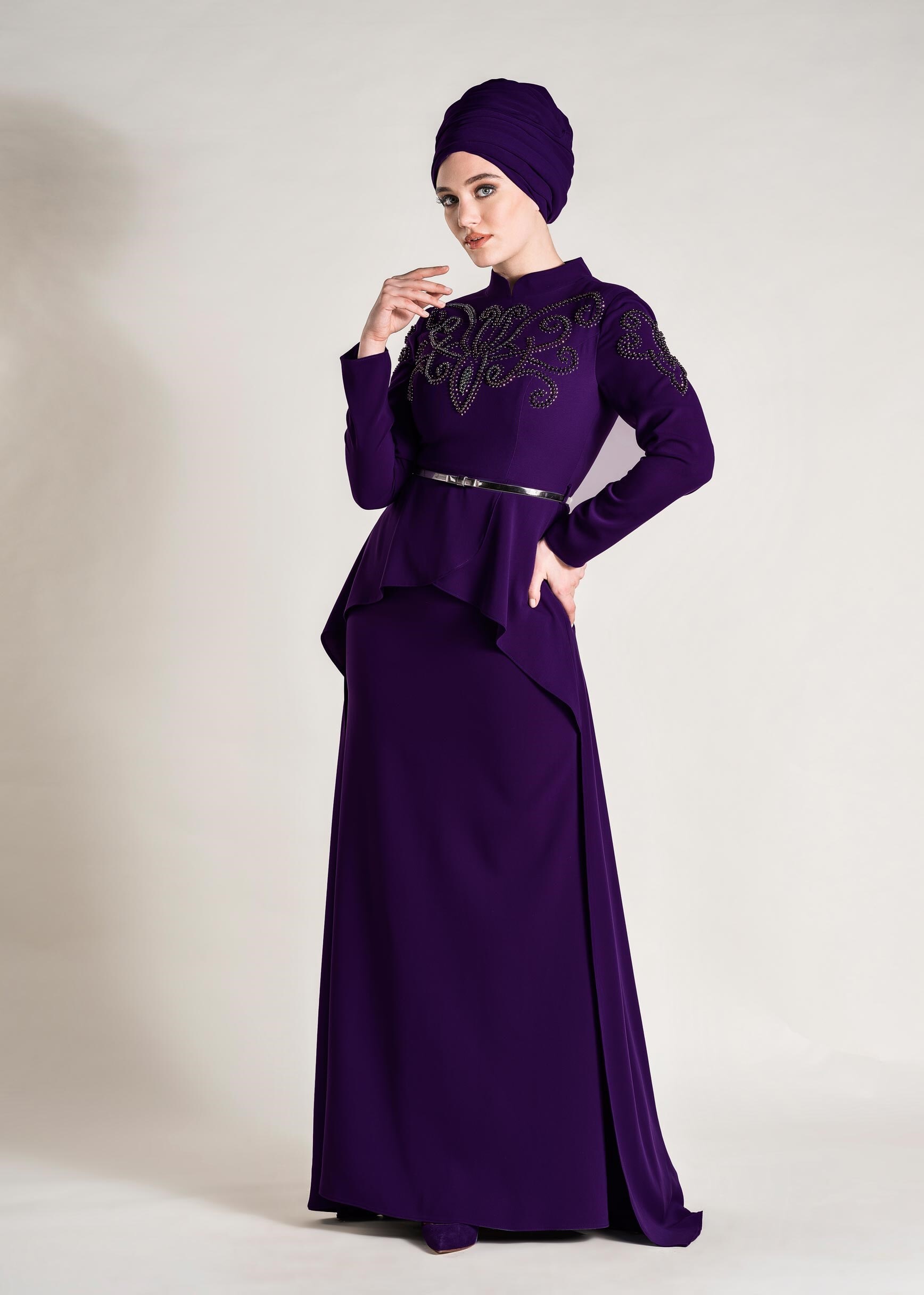 Tesettür giyim MOR BONCUKLU TAŞLI ABİYE ELBİSE 5480