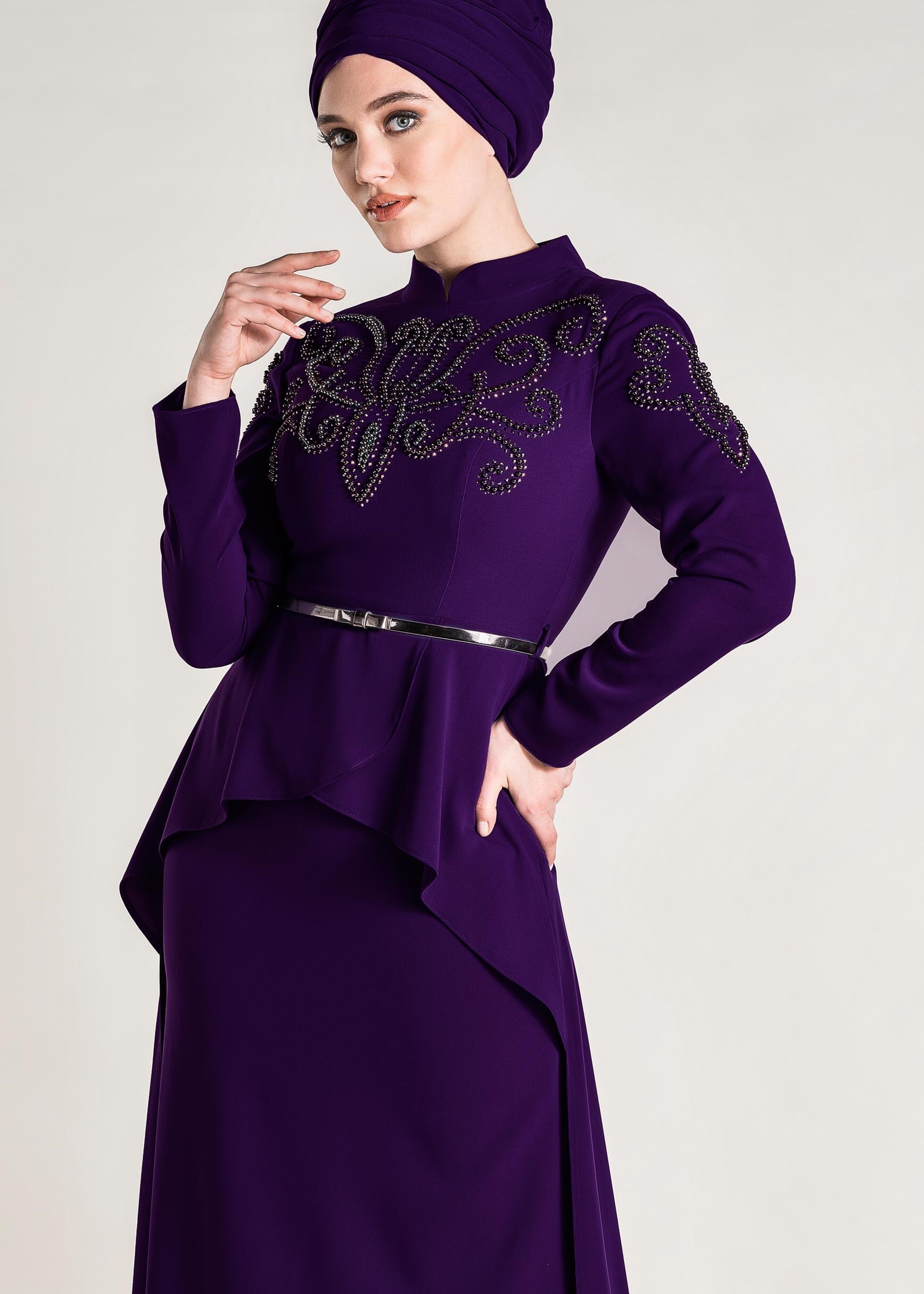 Tesettür giyim MOR BONCUKLU TAŞLI ABİYE ELBİSE 5480