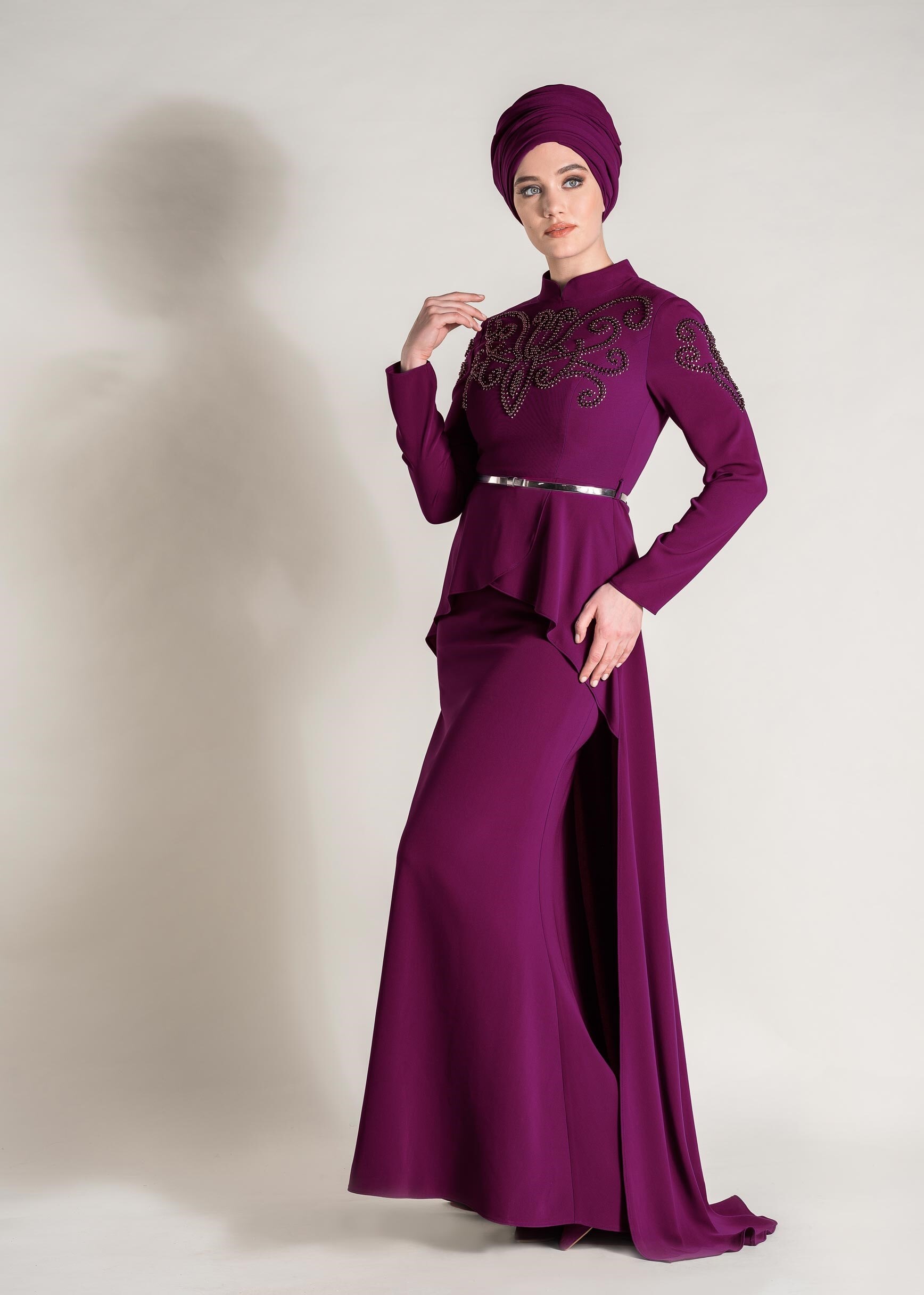 Tesettür giyim MÜRDÜM BONCUKLU TAŞLI ABİYE ELBİSE 5480