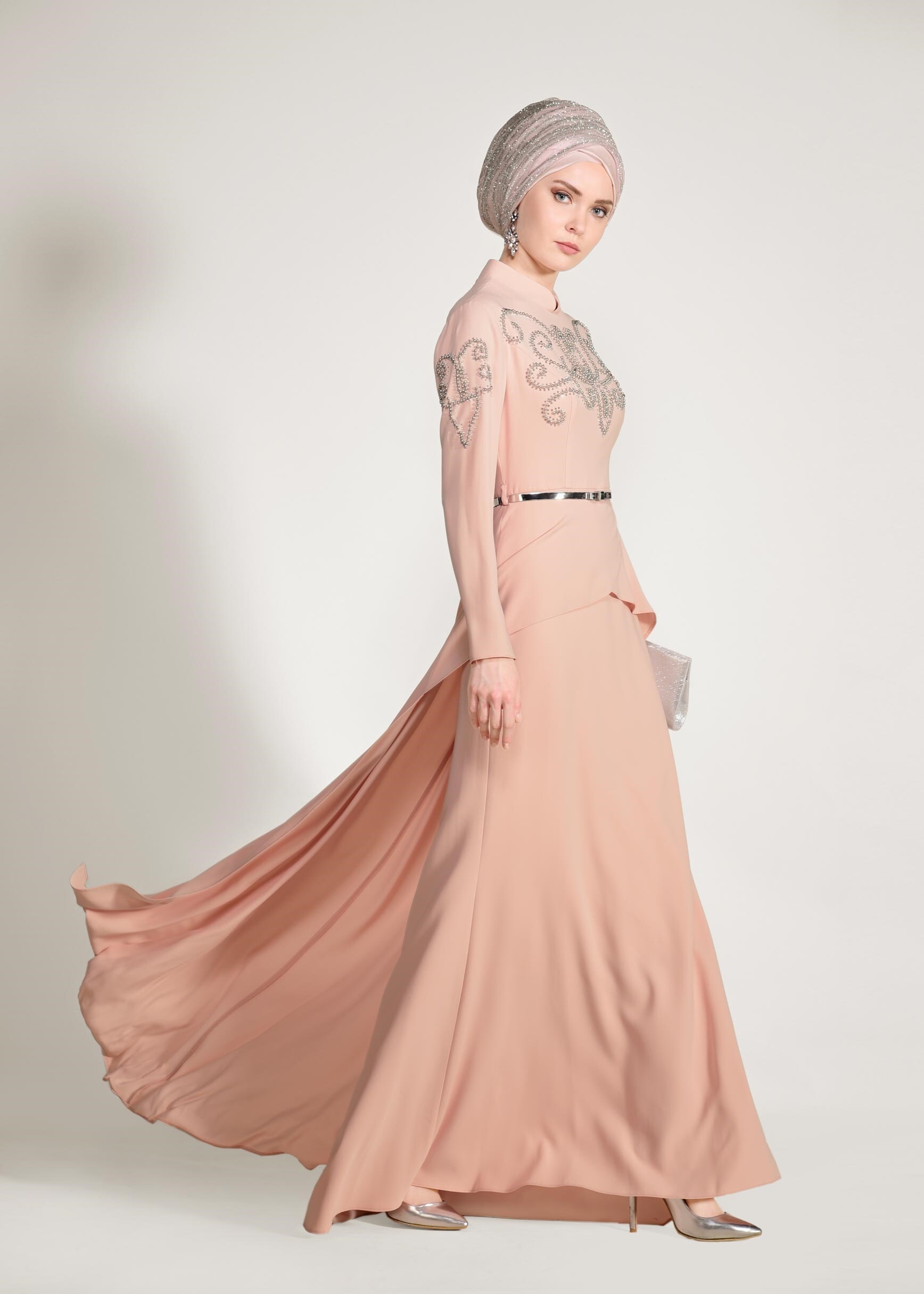 Tesettür giyim PUDRA BONCUKLU TAŞLI ABİYE ELBİSE 5480