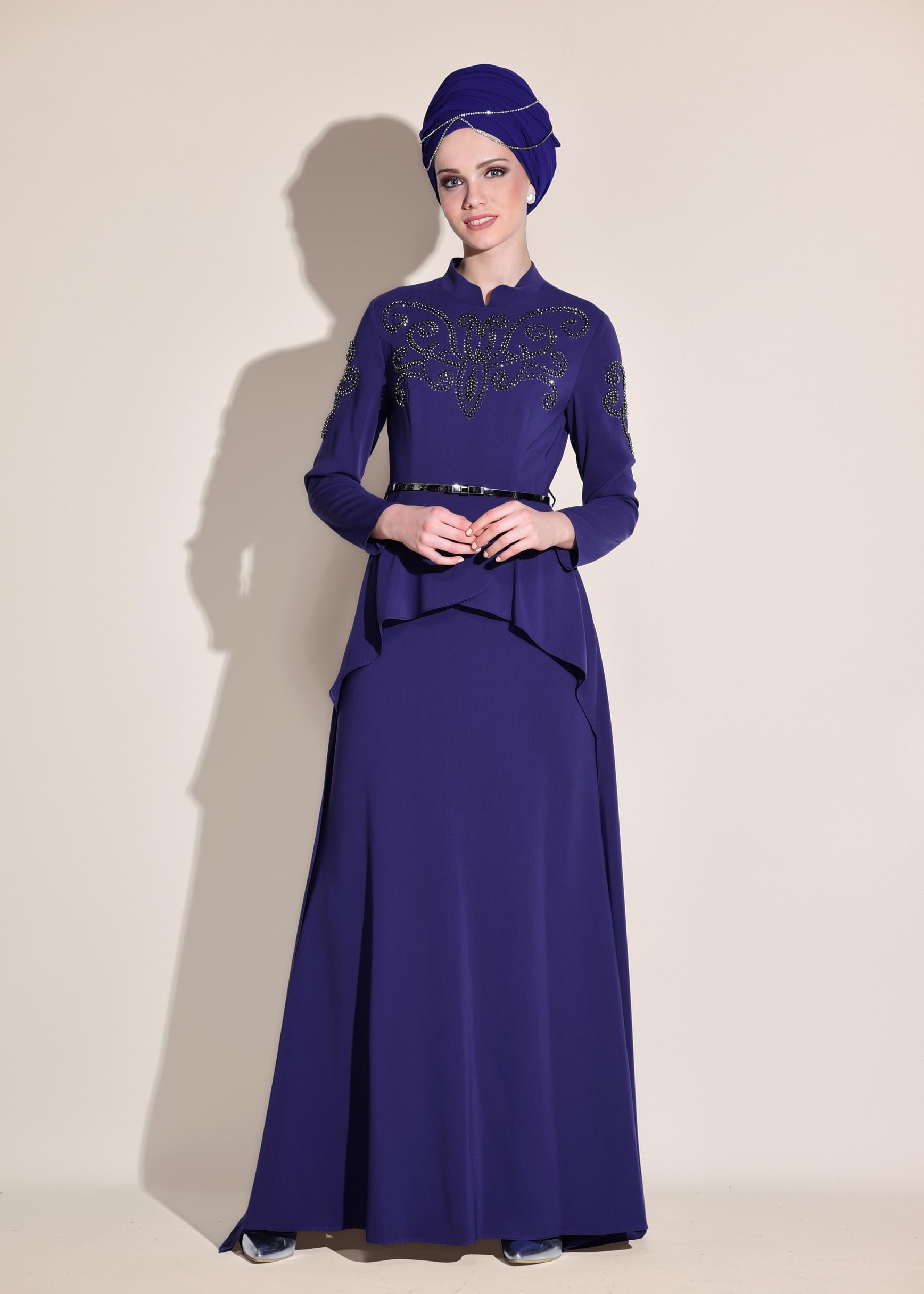 Tesettür giyim LACİVERT BONCUKLU TAŞLI ABİYE ELBİSE 5480