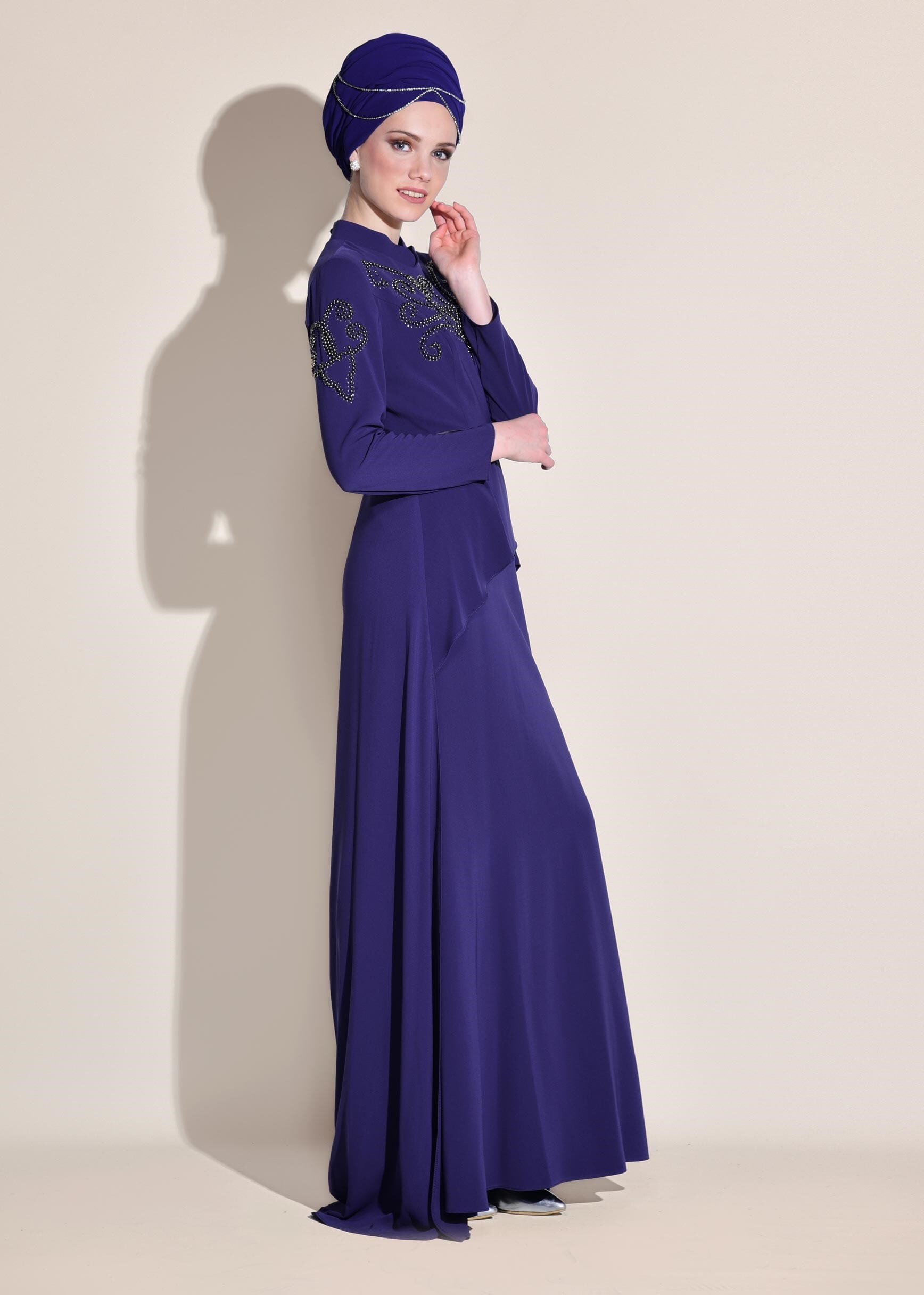 Tesettür giyim LACİVERT BONCUKLU TAŞLI ABİYE ELBİSE 5480