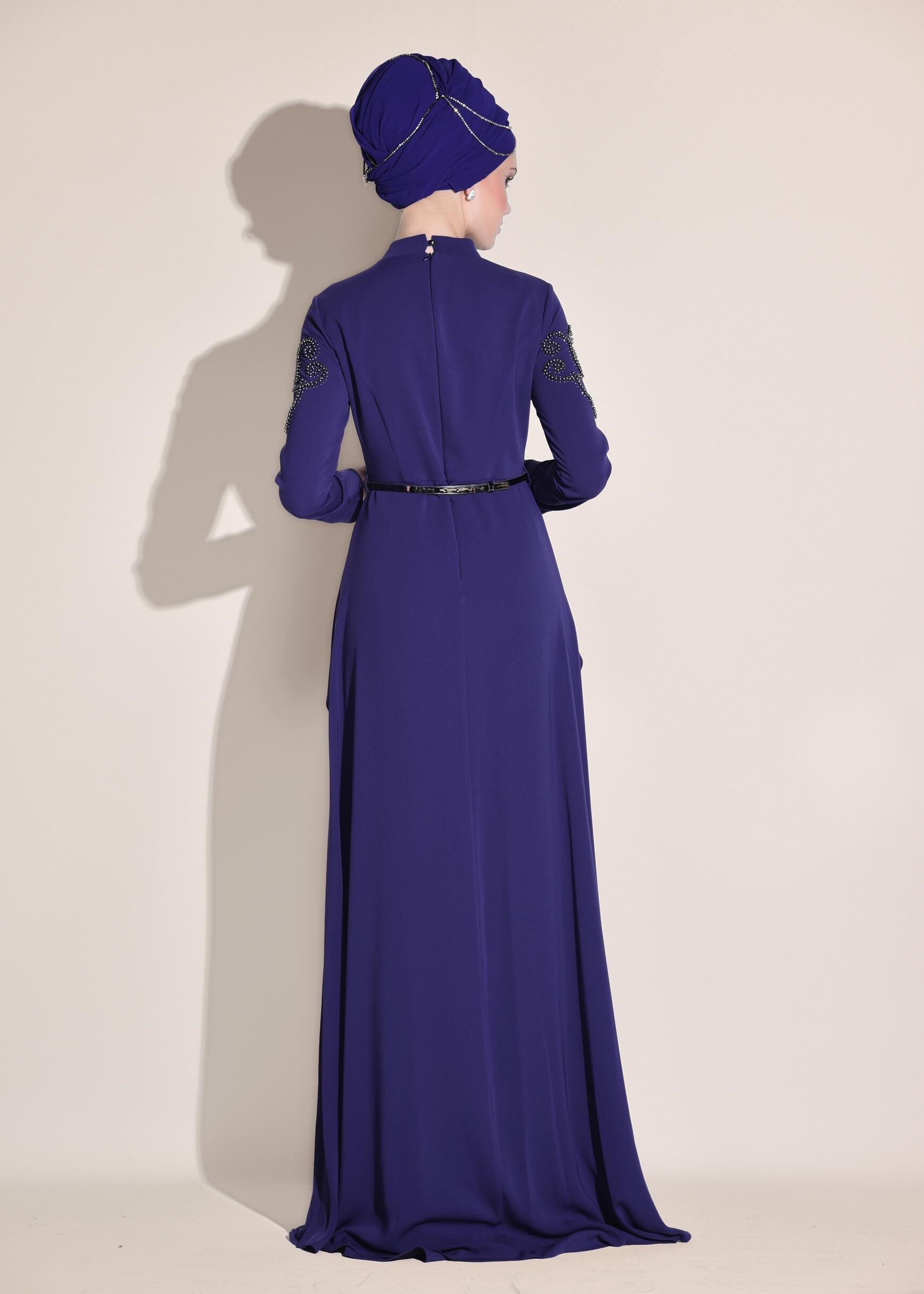Tesettür giyim LACİVERT BONCUKLU TAŞLI ABİYE ELBİSE 5480