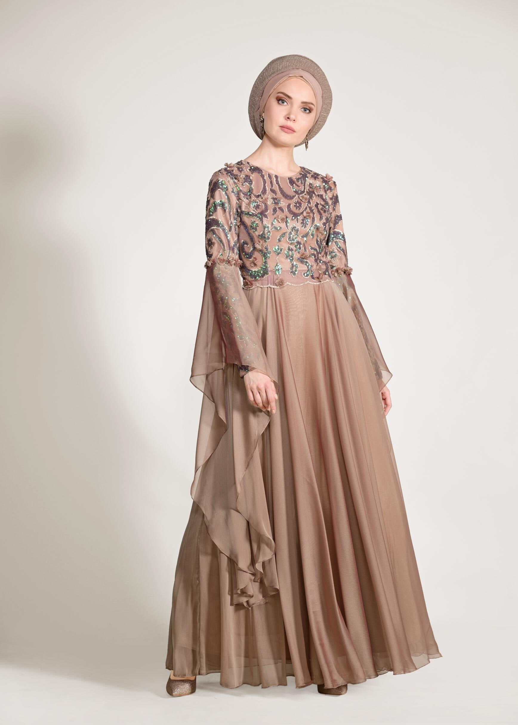 Tesettür giyim YEŞİL PUL PAYET ABİYE ELBİSE 5481 