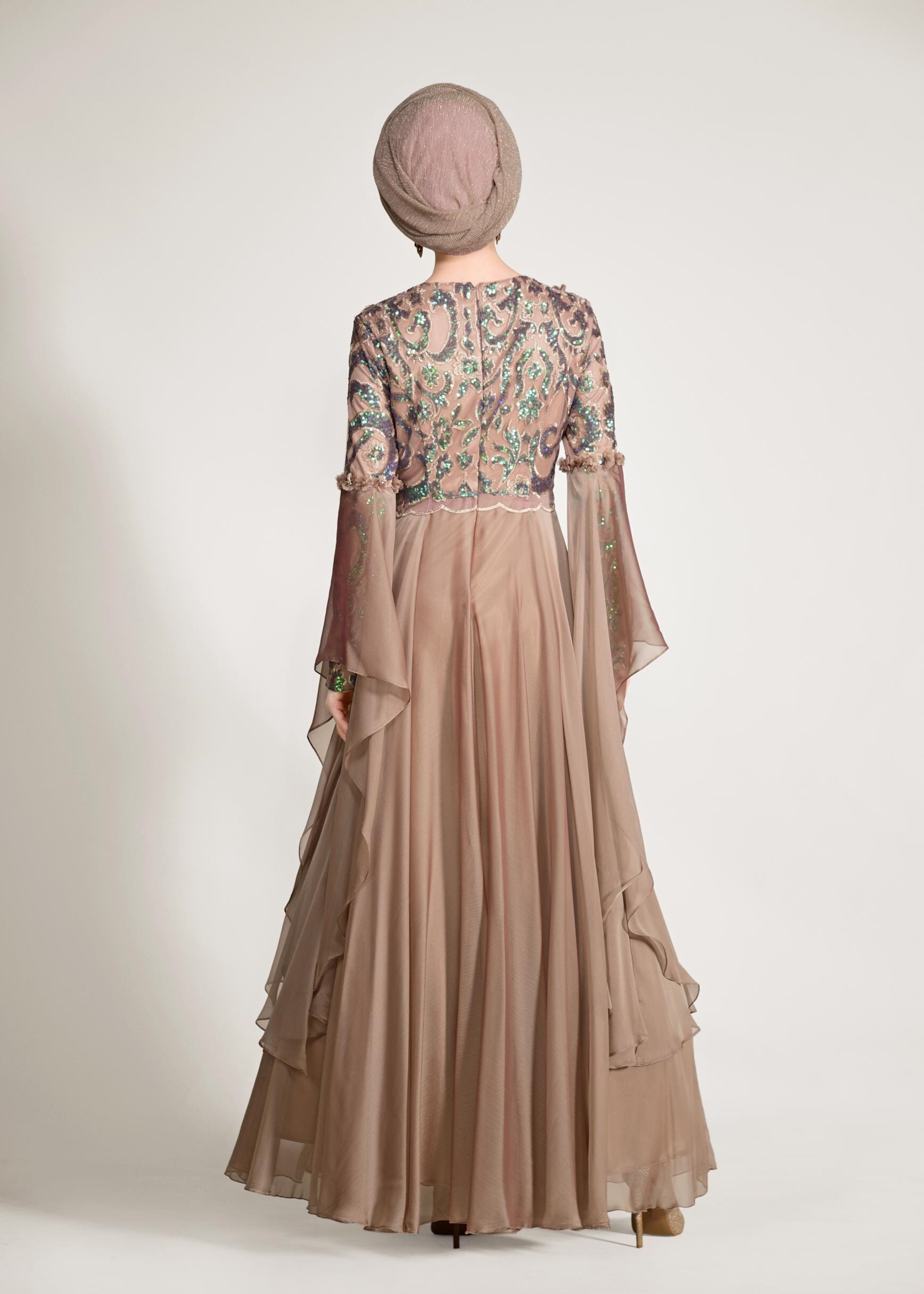 Tesettür giyim YEŞİL PUL PAYET ABİYE ELBİSE 5481 