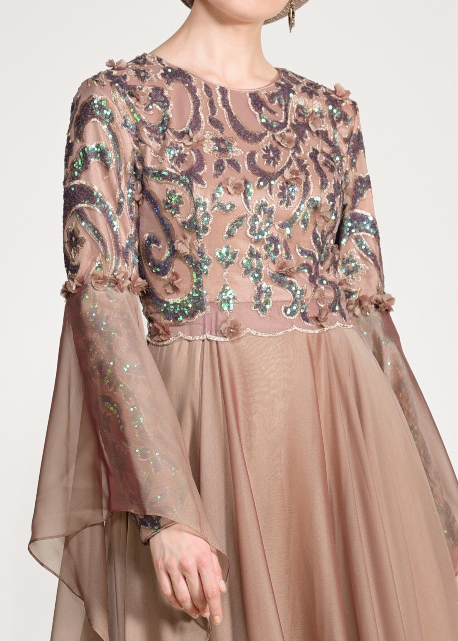 Tesettür giyim YEŞİL PUL PAYET ABİYE ELBİSE 5481 