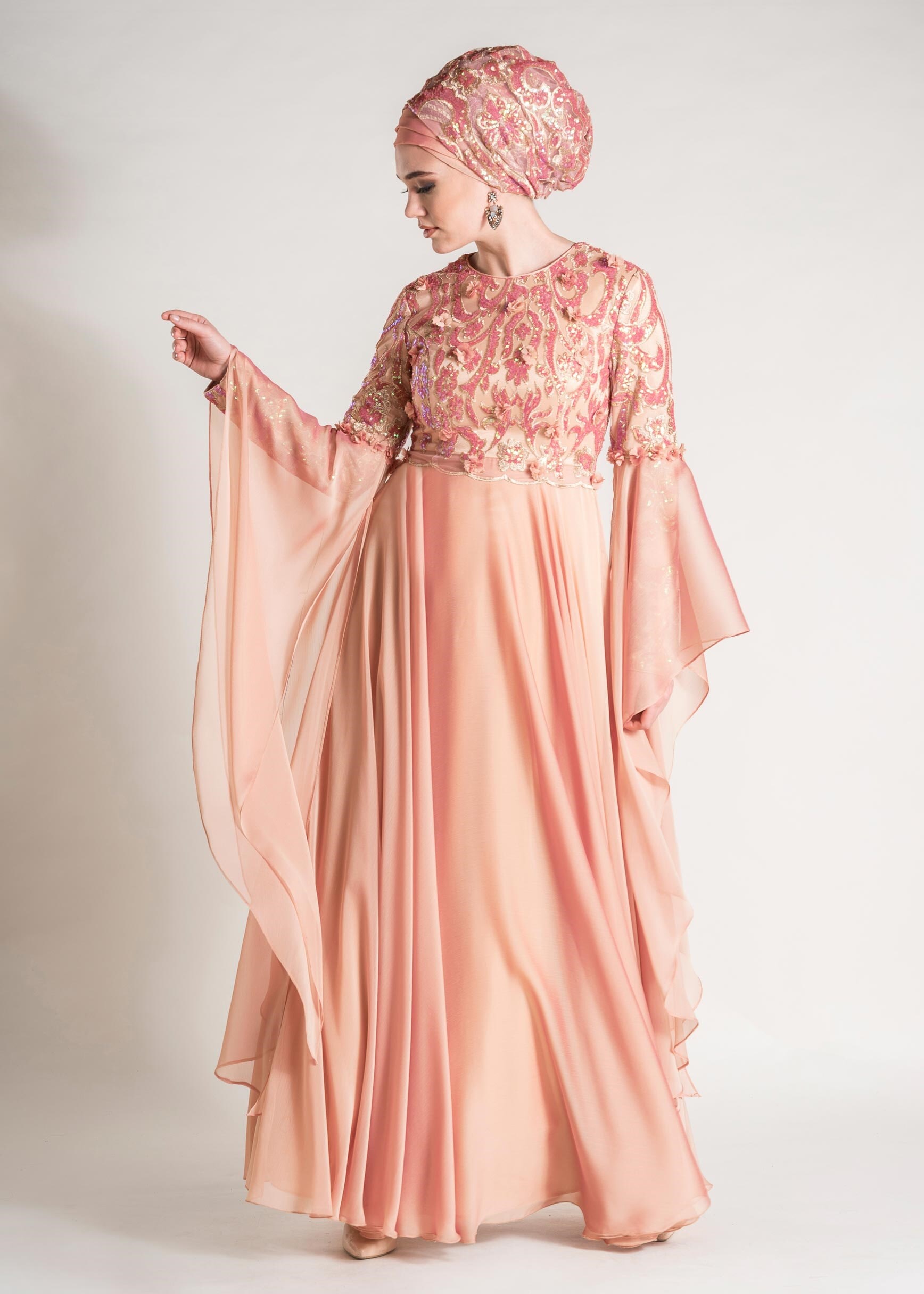 Tesettür giyim PUDRA PUL PAYET ABİYE ELBİSE 5481 