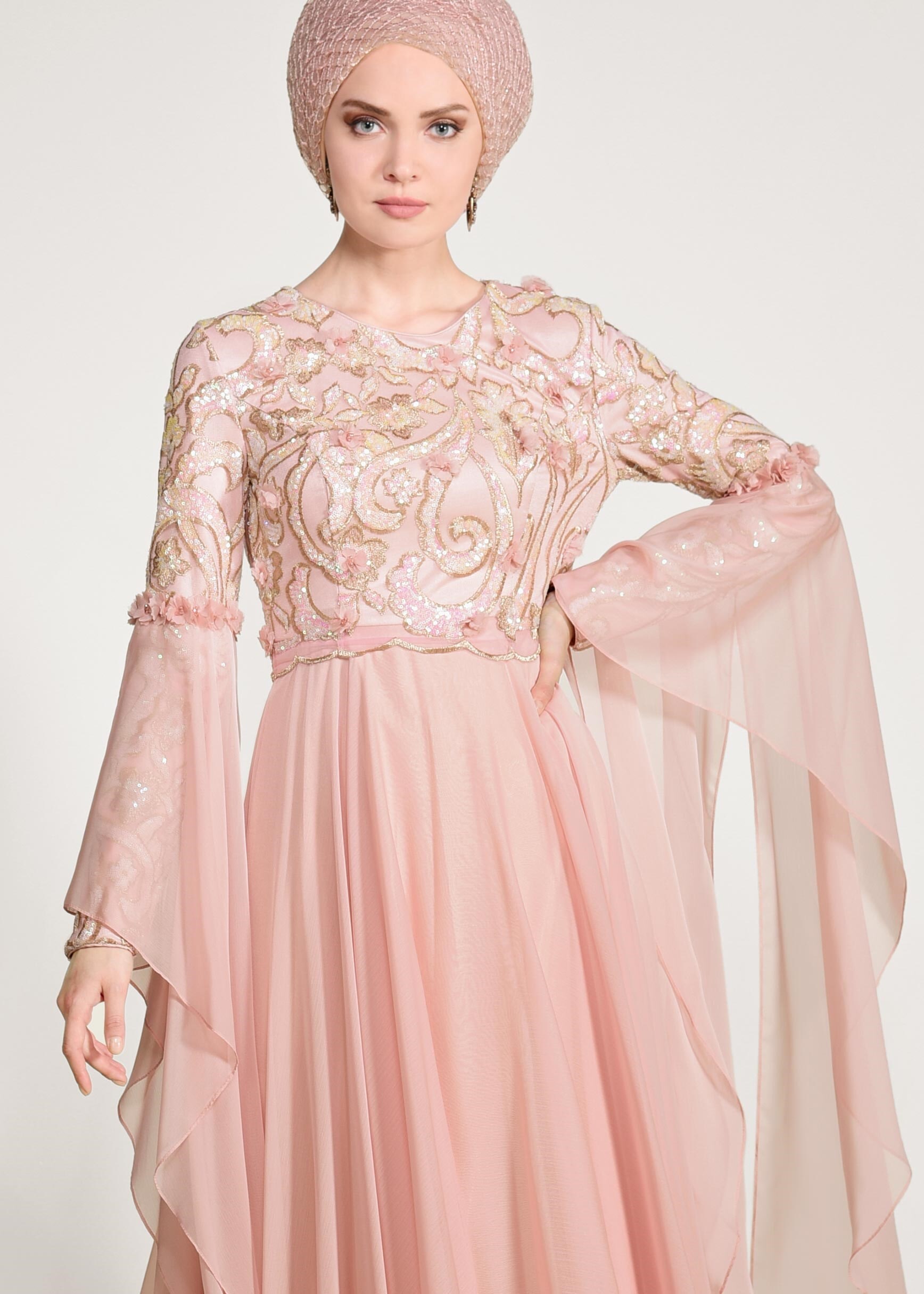 Tesettür giyim PEMBE PUL PAYET ABİYE ELBİSE 5481 