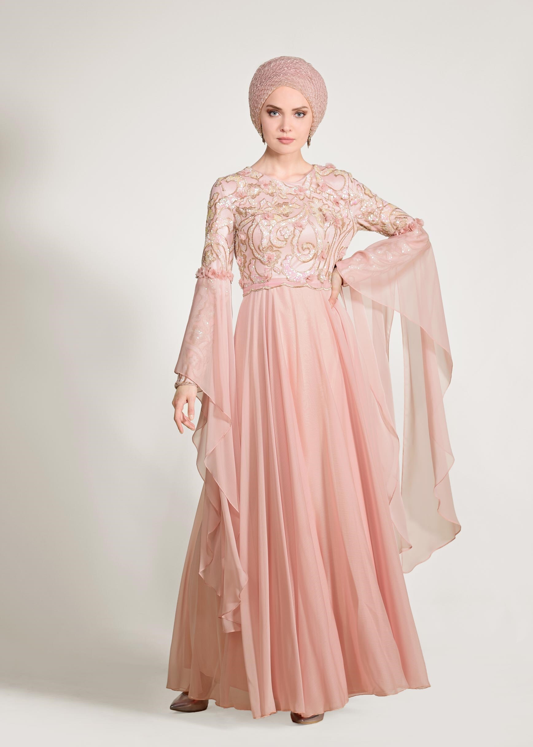 Tesettür giyim PEMBE PUL PAYET ABİYE ELBİSE 5481 