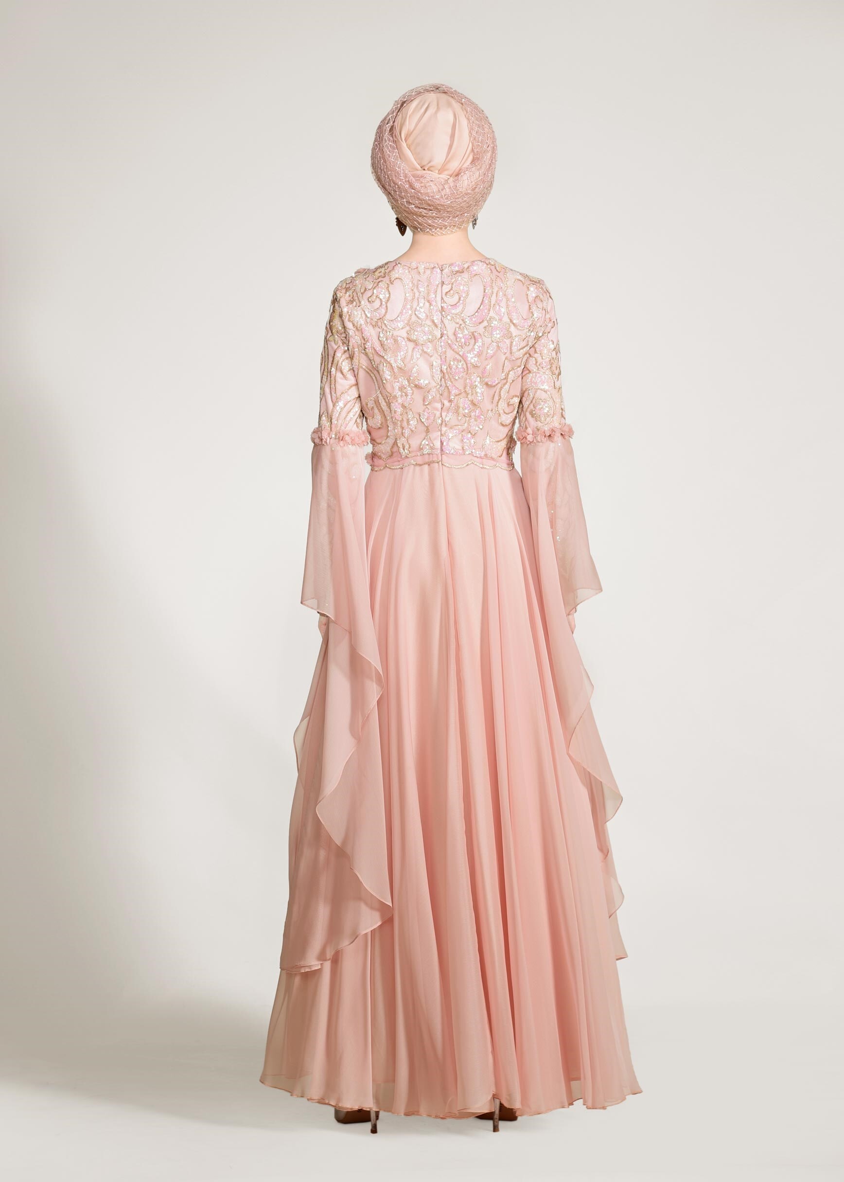 Tesettür giyim PEMBE PUL PAYET ABİYE ELBİSE 5481 