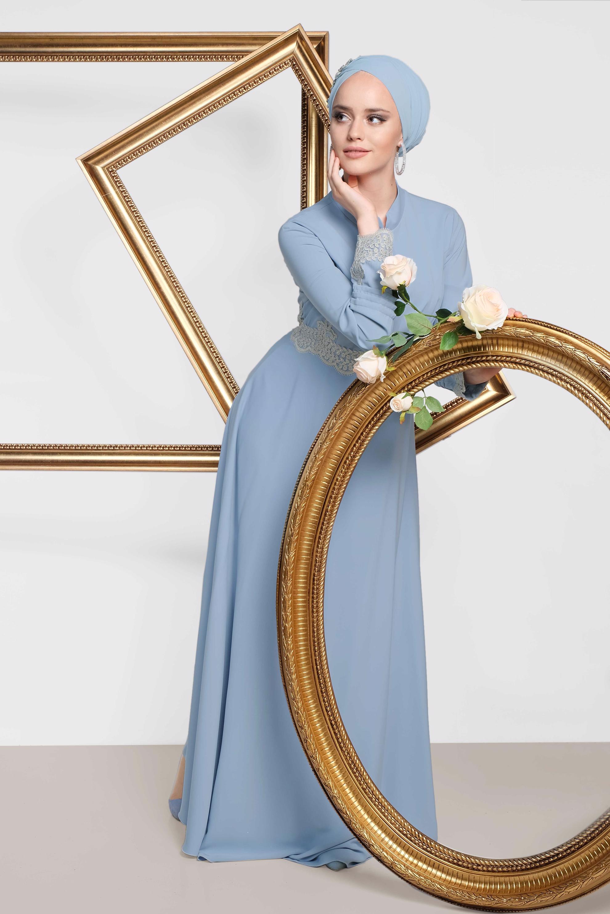 Hijab clothing BLUE Guipure Detail Evening Dresses 5482