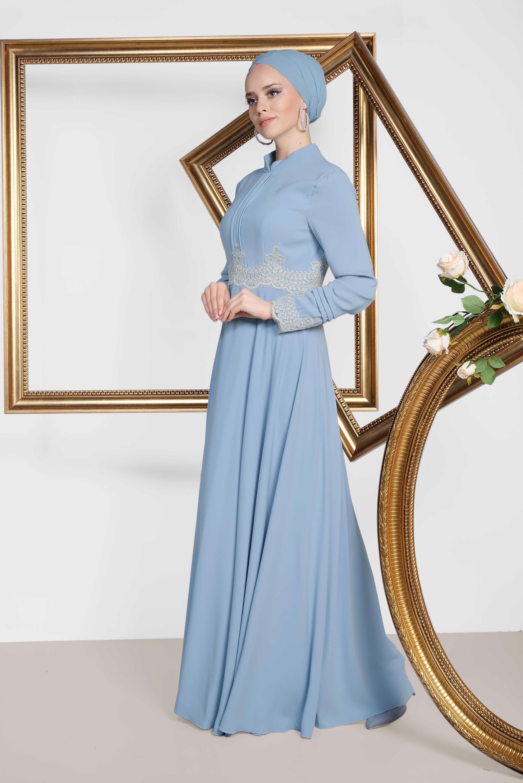 Hijab clothing BLUE Guipure Detail Evening Dresses 5482
