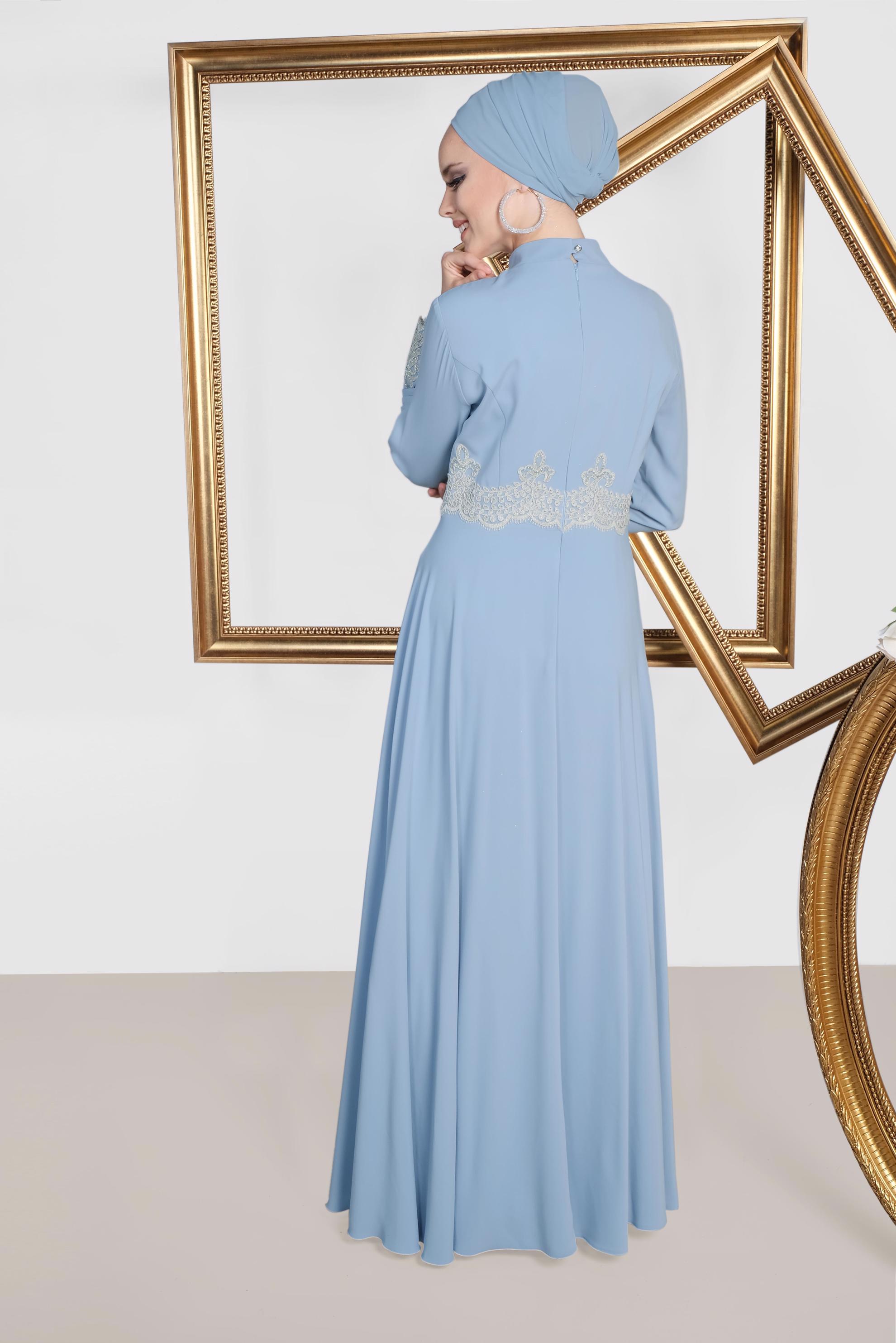 Hijab clothing BLUE Guipure Detail Evening Dresses 5482