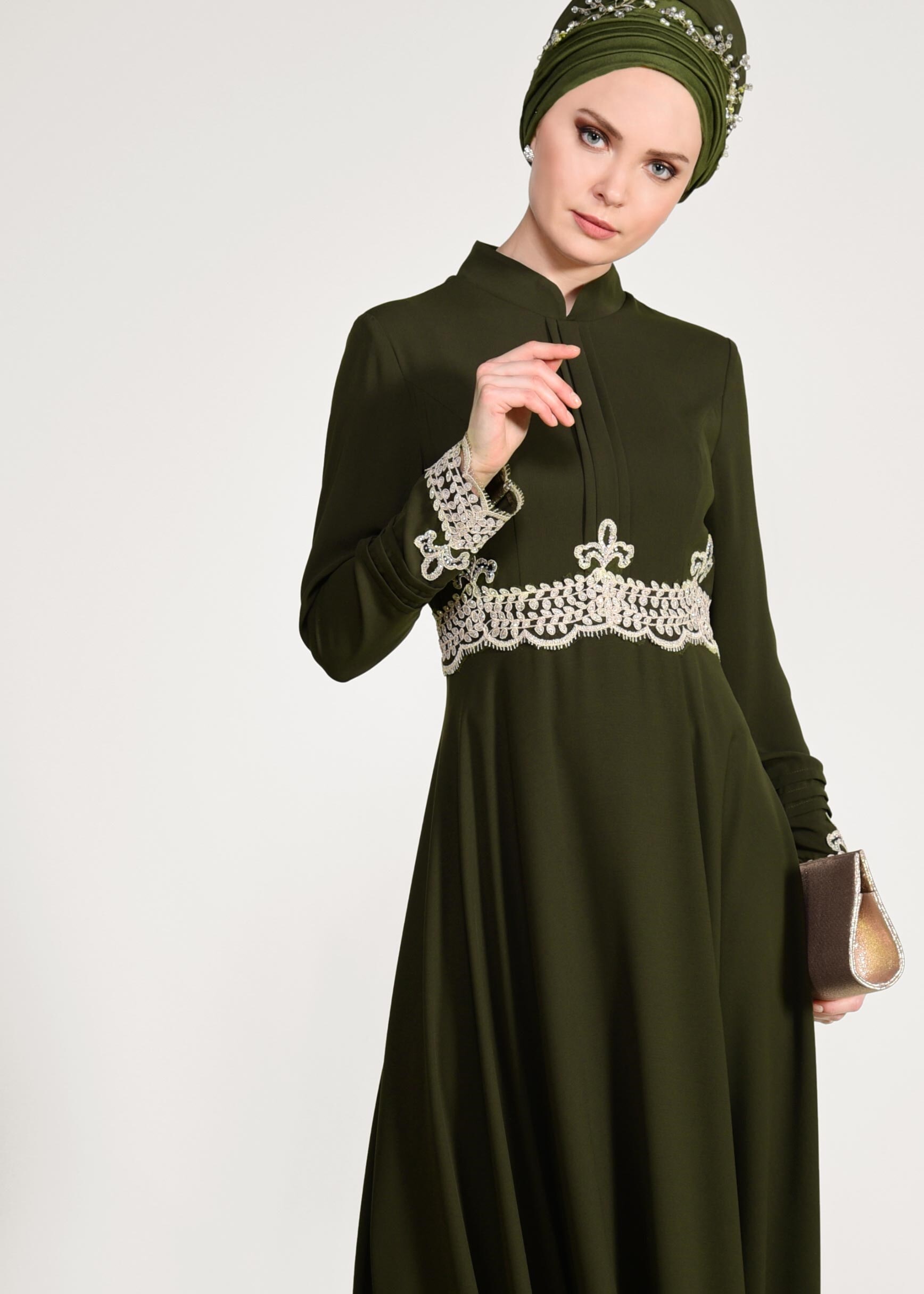 Tesettür giyim HAKİ GÜPÜR DETAYLI ABİYE ELBİSE 5482 