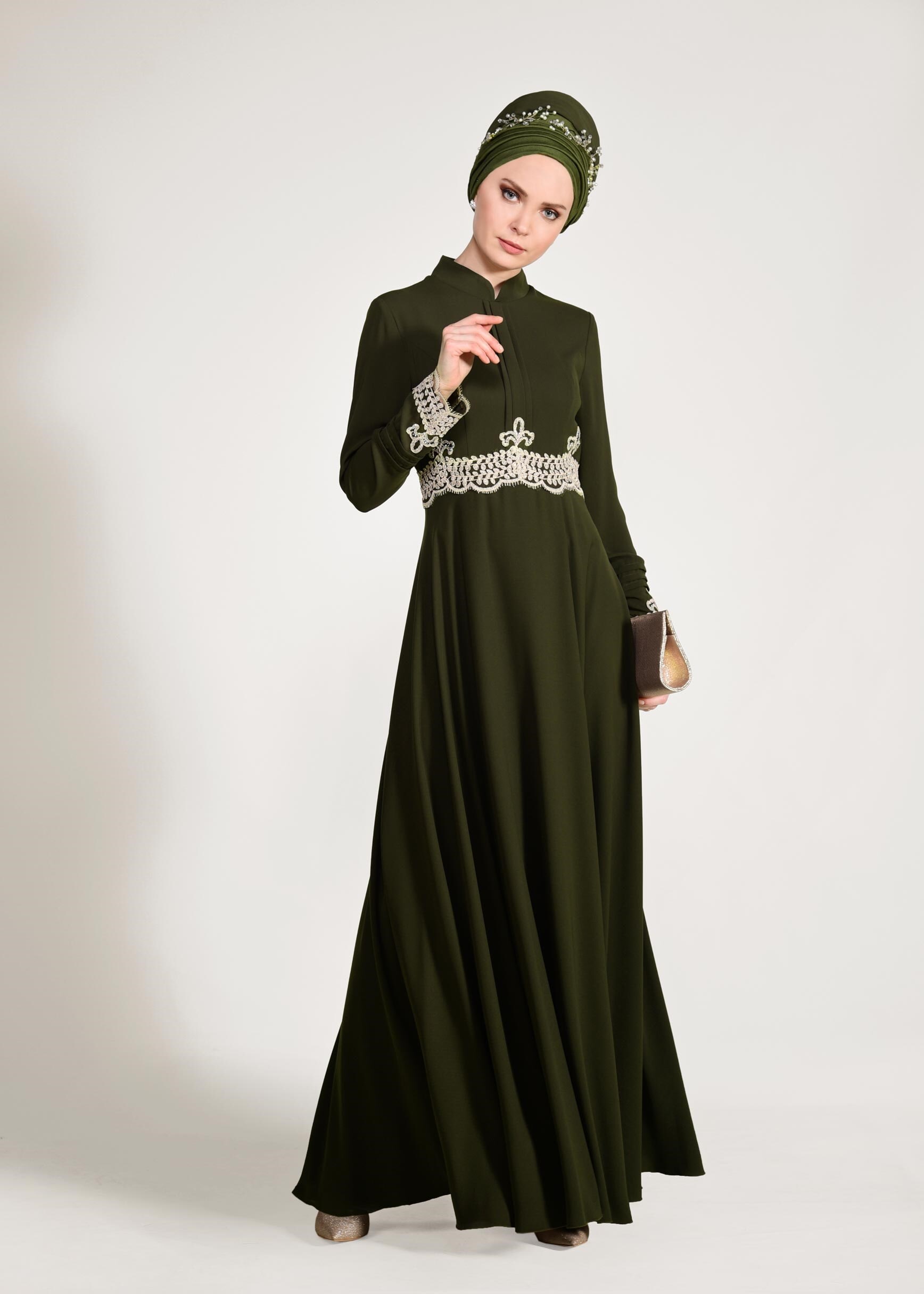 Tesettür giyim HAKİ GÜPÜR DETAYLI ABİYE ELBİSE 5482 