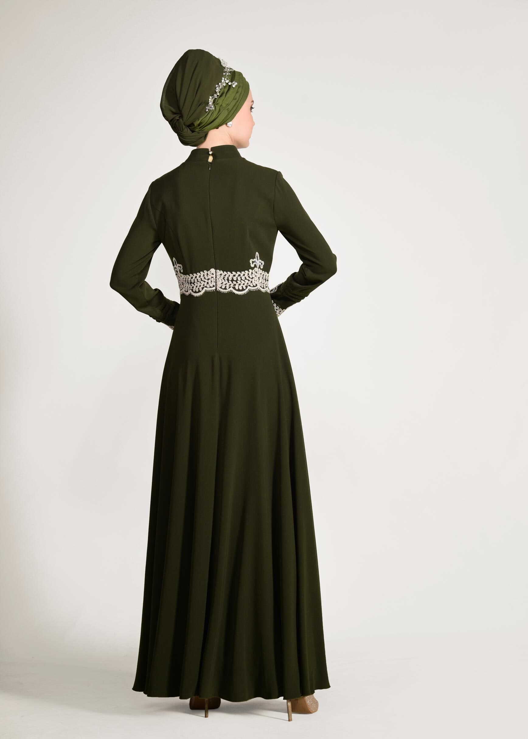 Tesettür giyim HAKİ GÜPÜR DETAYLI ABİYE ELBİSE 5482 