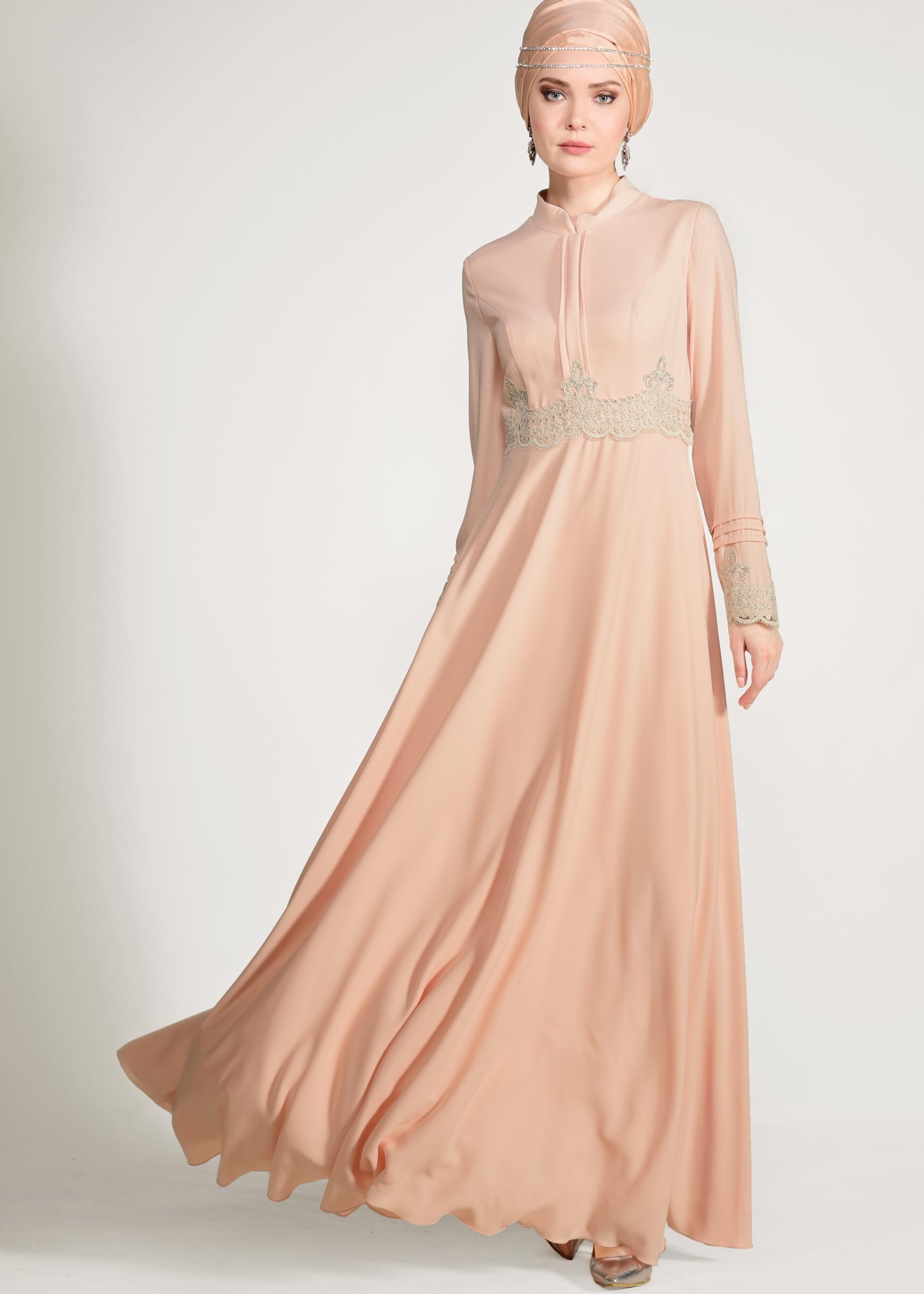 Tesettür giyim PUDRA GÜPÜR DETAYLI ABİYE ELBİSE 5482 