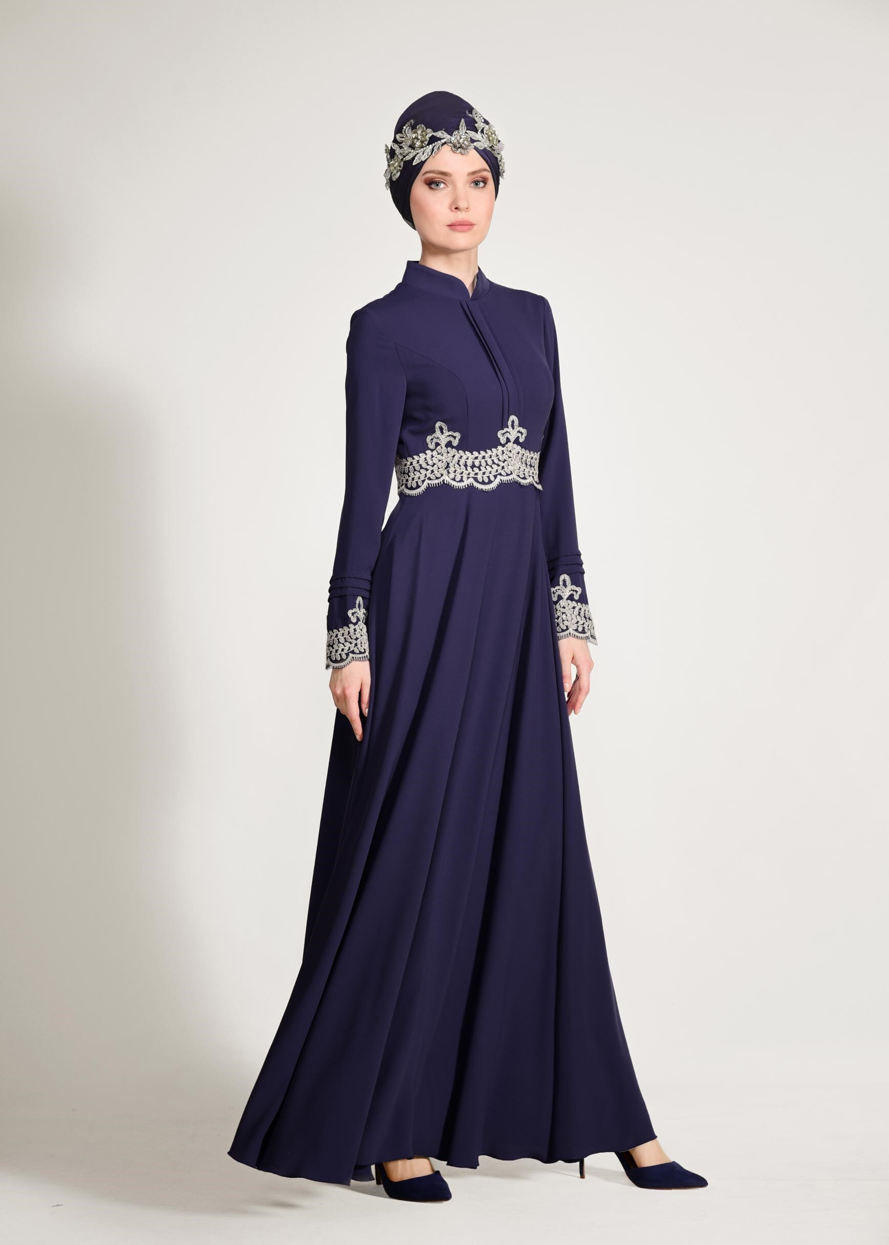 Tesettür giyim LACİVERT GÜPÜR DETAYLI ABİYE ELBİSE 5482 