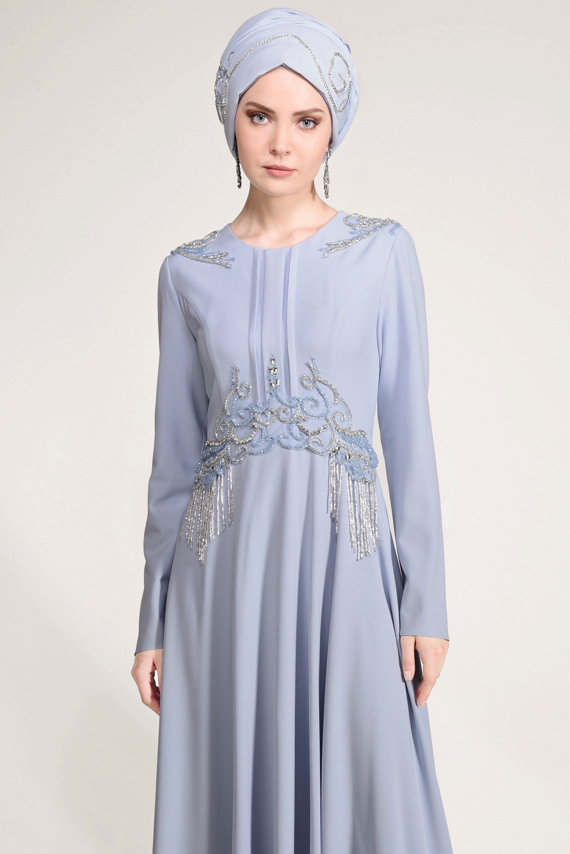 Tesettür giyim MAVİ BONCUK İŞLEMELİ ABİYE ELBİSE 5490