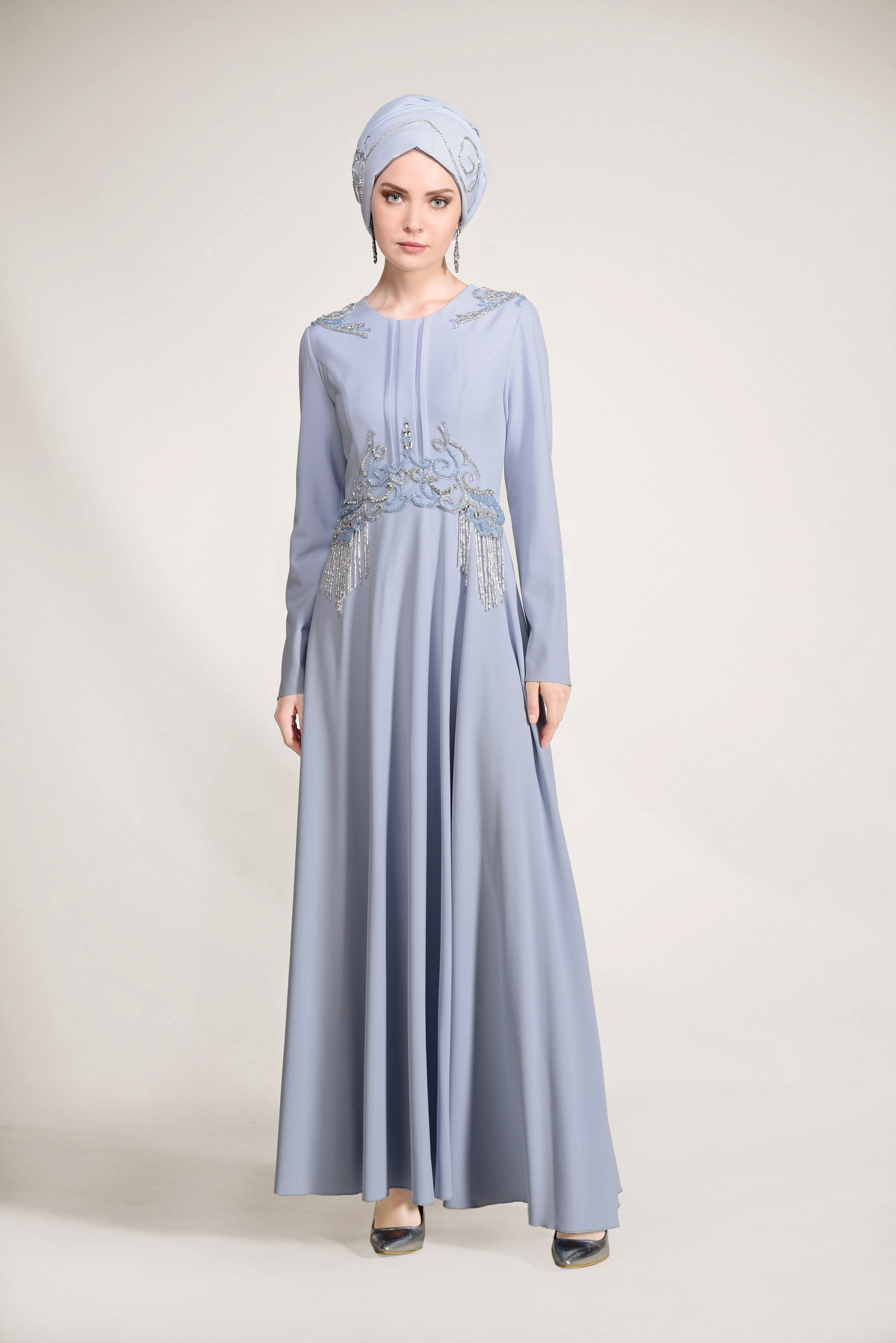 Tesettür giyim MAVİ BONCUK İŞLEMELİ ABİYE ELBİSE 5490