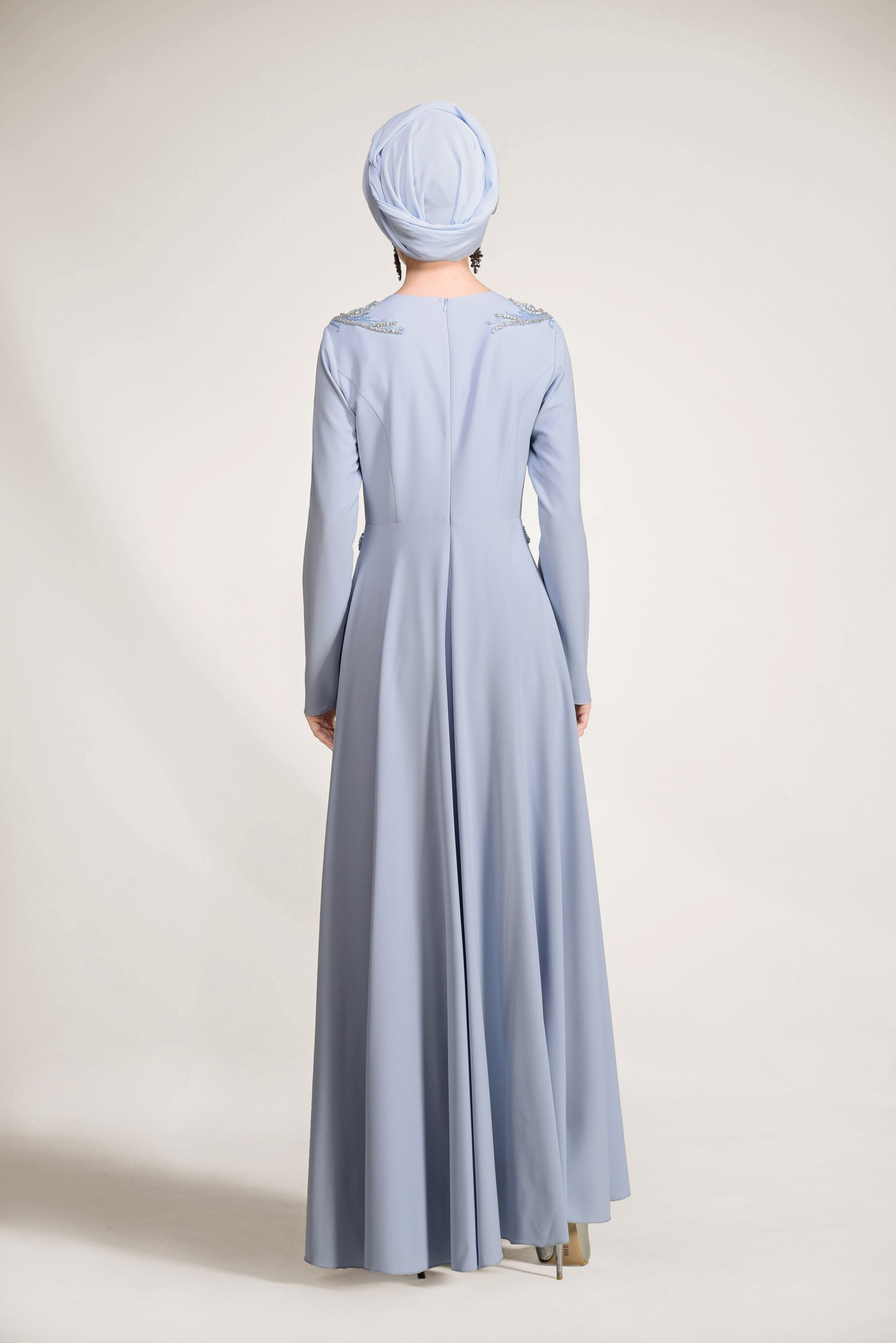 Tesettür giyim MAVİ BONCUK İŞLEMELİ ABİYE ELBİSE 5490