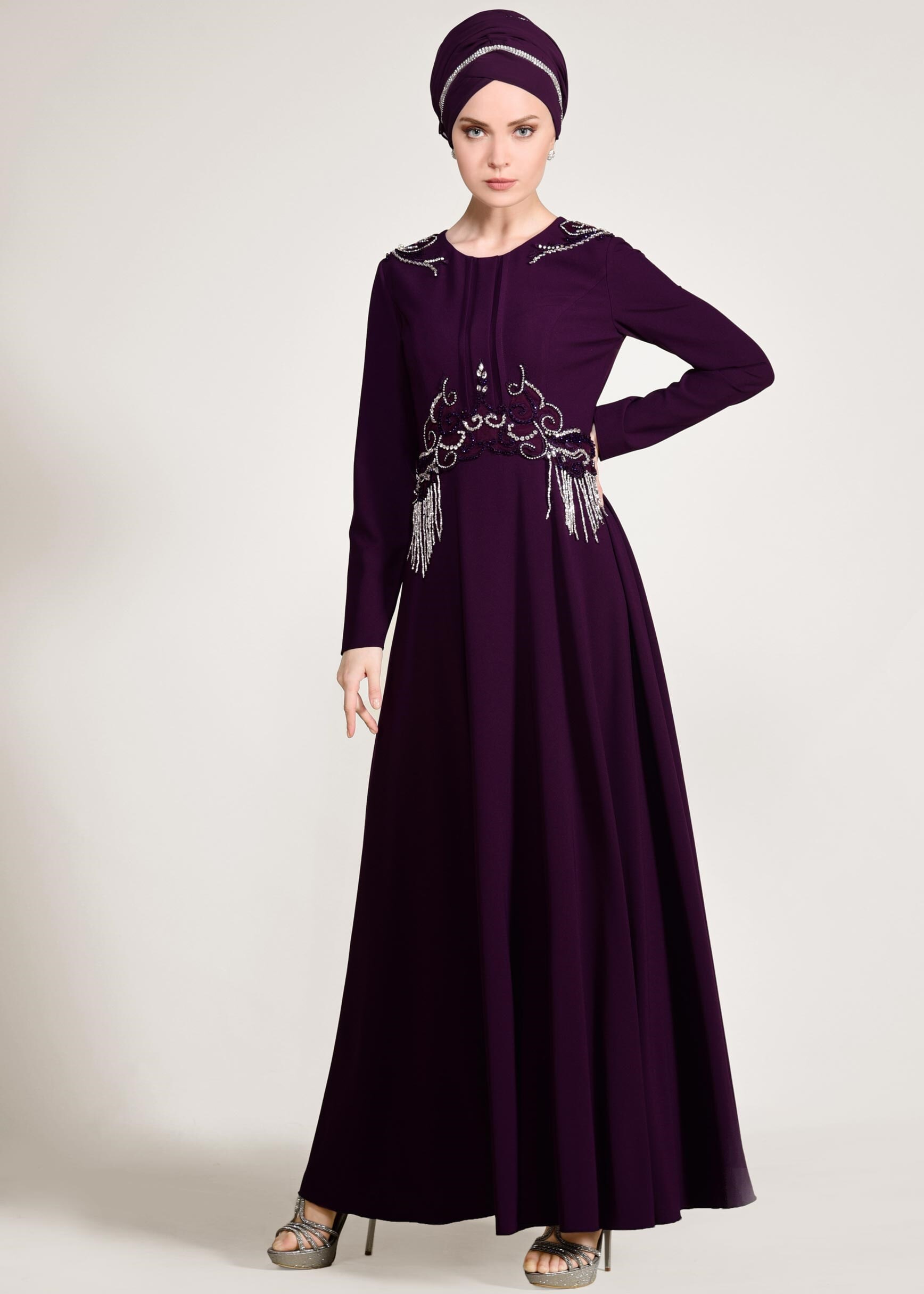 Tesettür giyim MOR BONCUK İŞLEMELİ ABİYE ELBİSE 5490