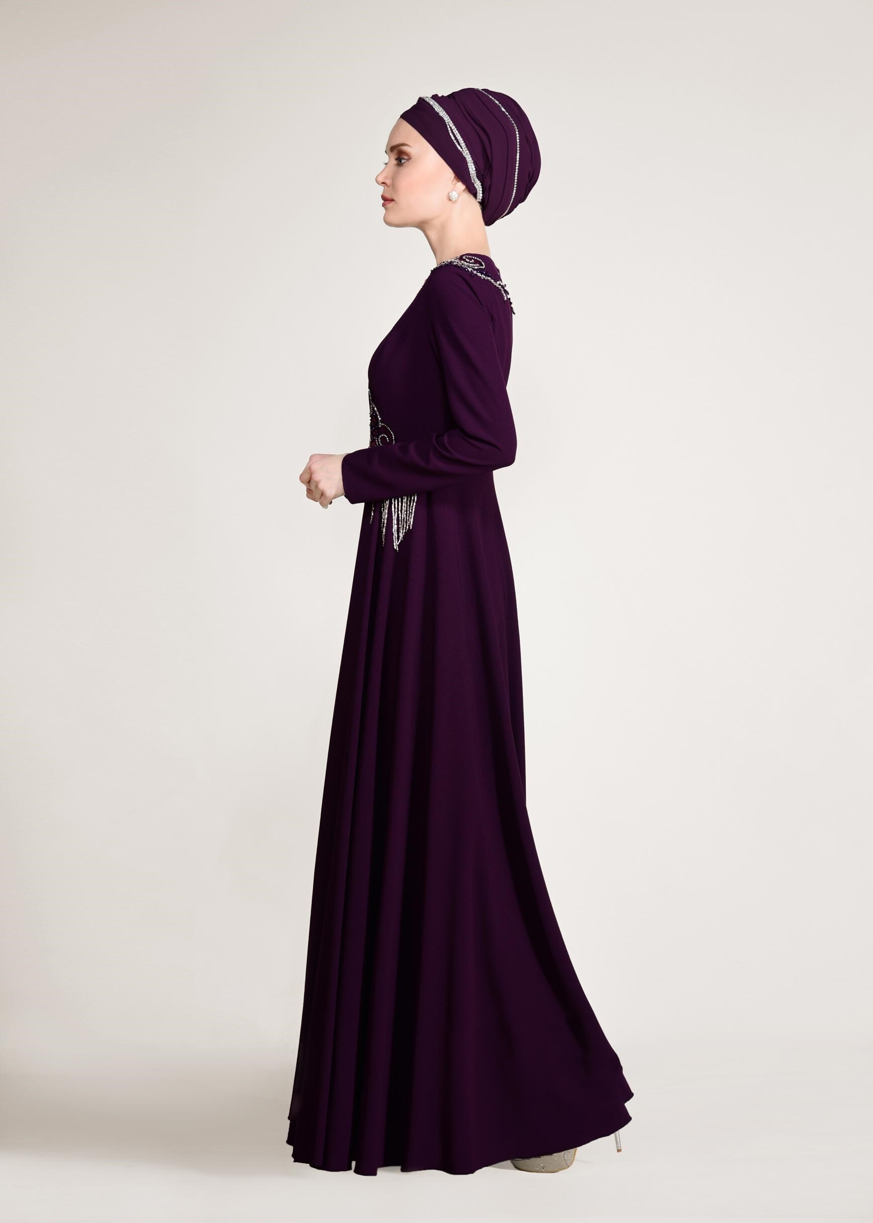 Tesettür giyim MOR BONCUK İŞLEMELİ ABİYE ELBİSE 5490