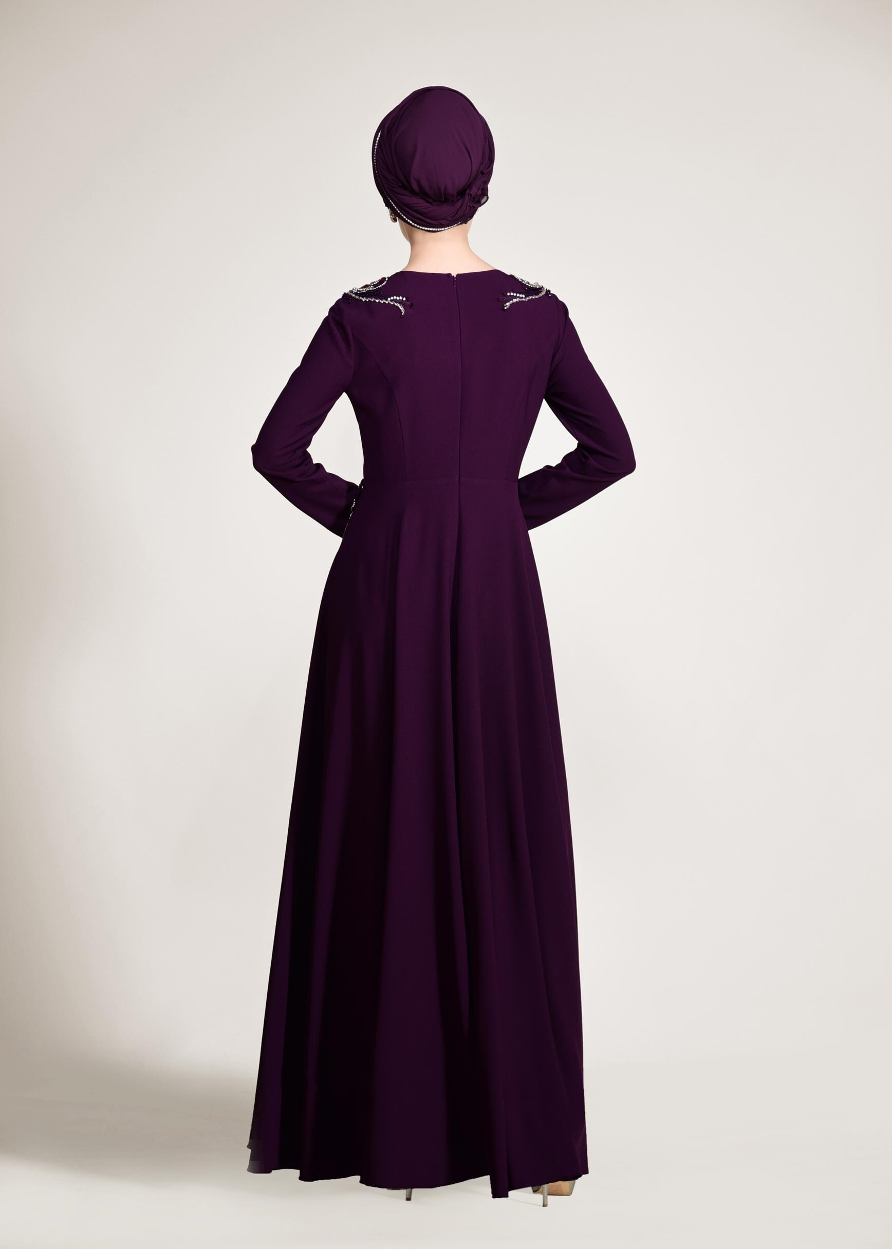 Tesettür giyim MOR BONCUK İŞLEMELİ ABİYE ELBİSE 5490