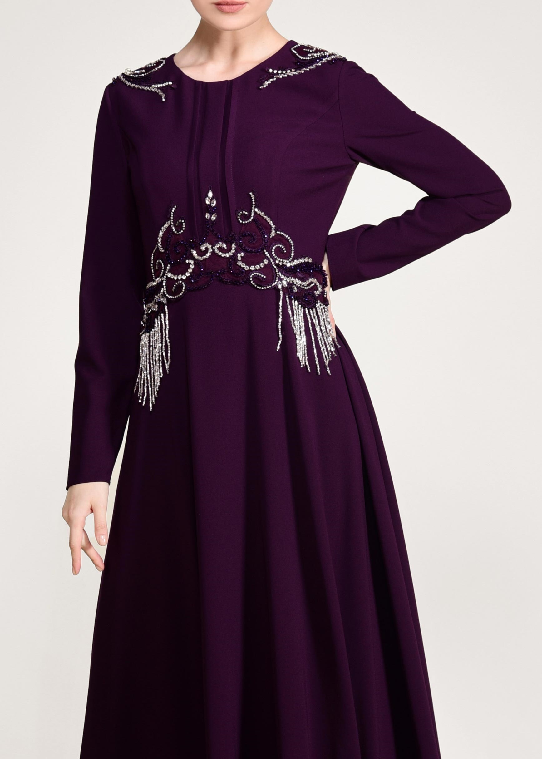 Tesettür giyim MOR BONCUK İŞLEMELİ ABİYE ELBİSE 5490