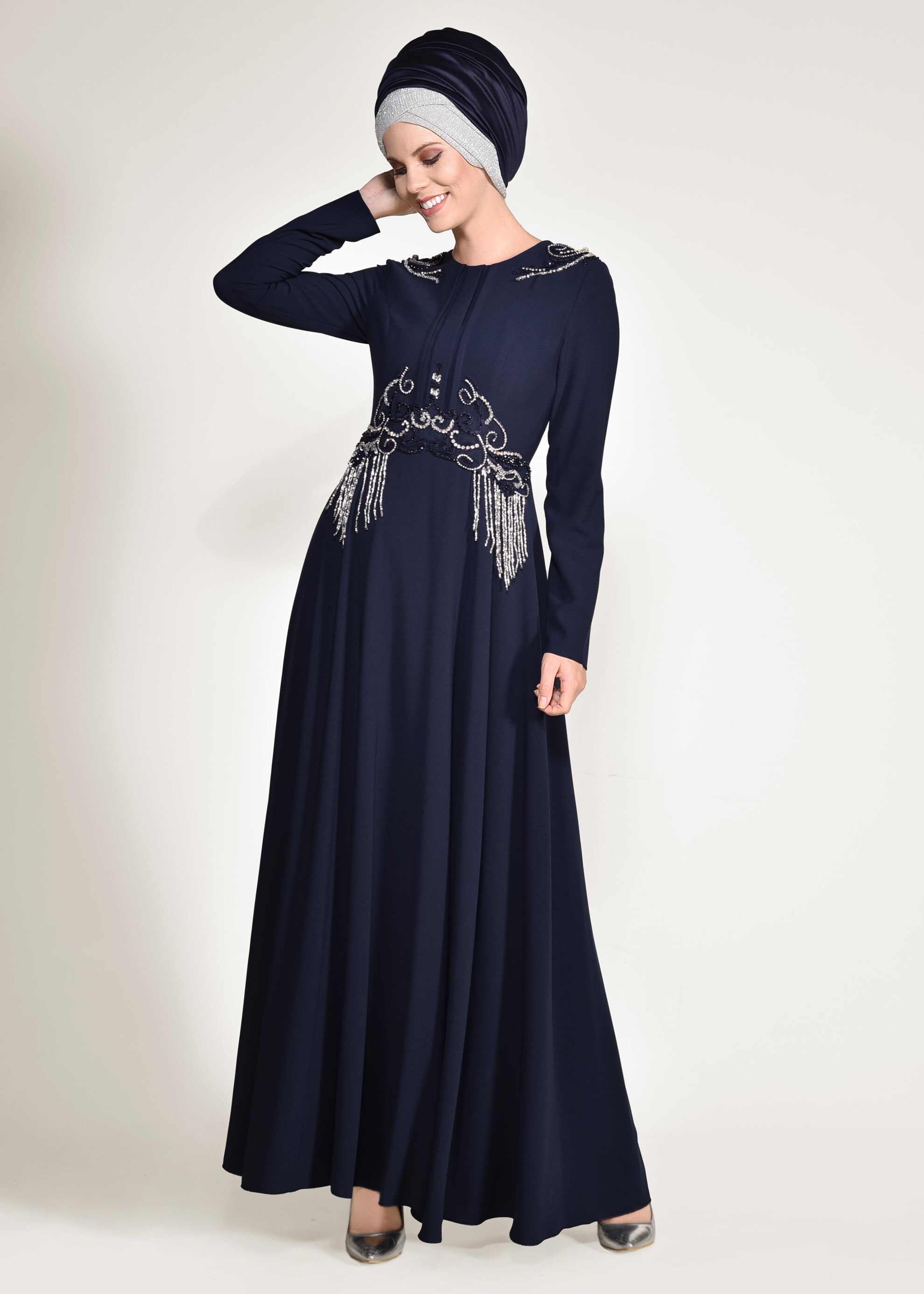 Tesettür giyim LACİVERT BONCUK İŞLEMELİ ABİYE ELBİSE 5490