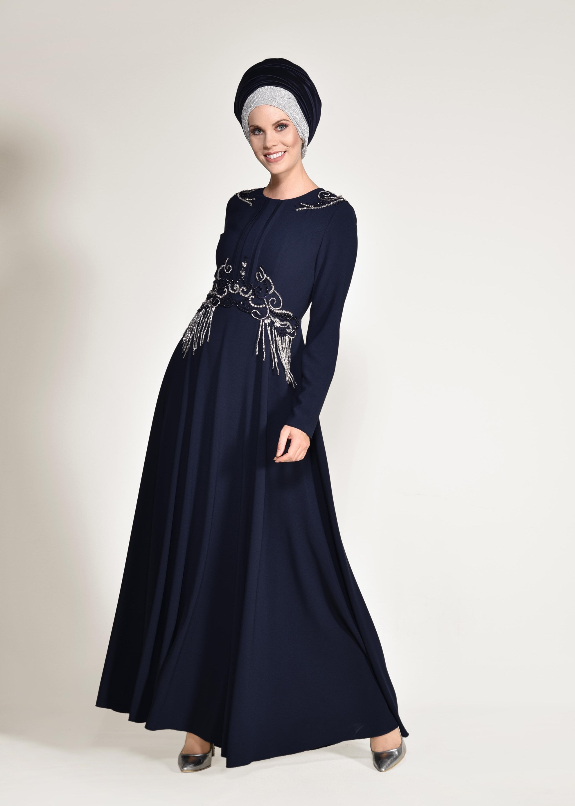Tesettür giyim LACİVERT BONCUK İŞLEMELİ ABİYE ELBİSE 5490