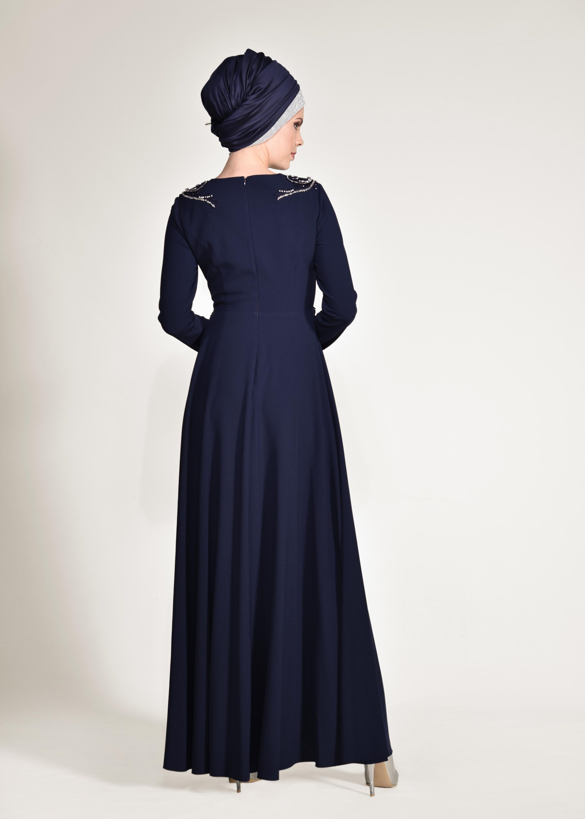 Tesettür giyim LACİVERT BONCUK İŞLEMELİ ABİYE ELBİSE 5490