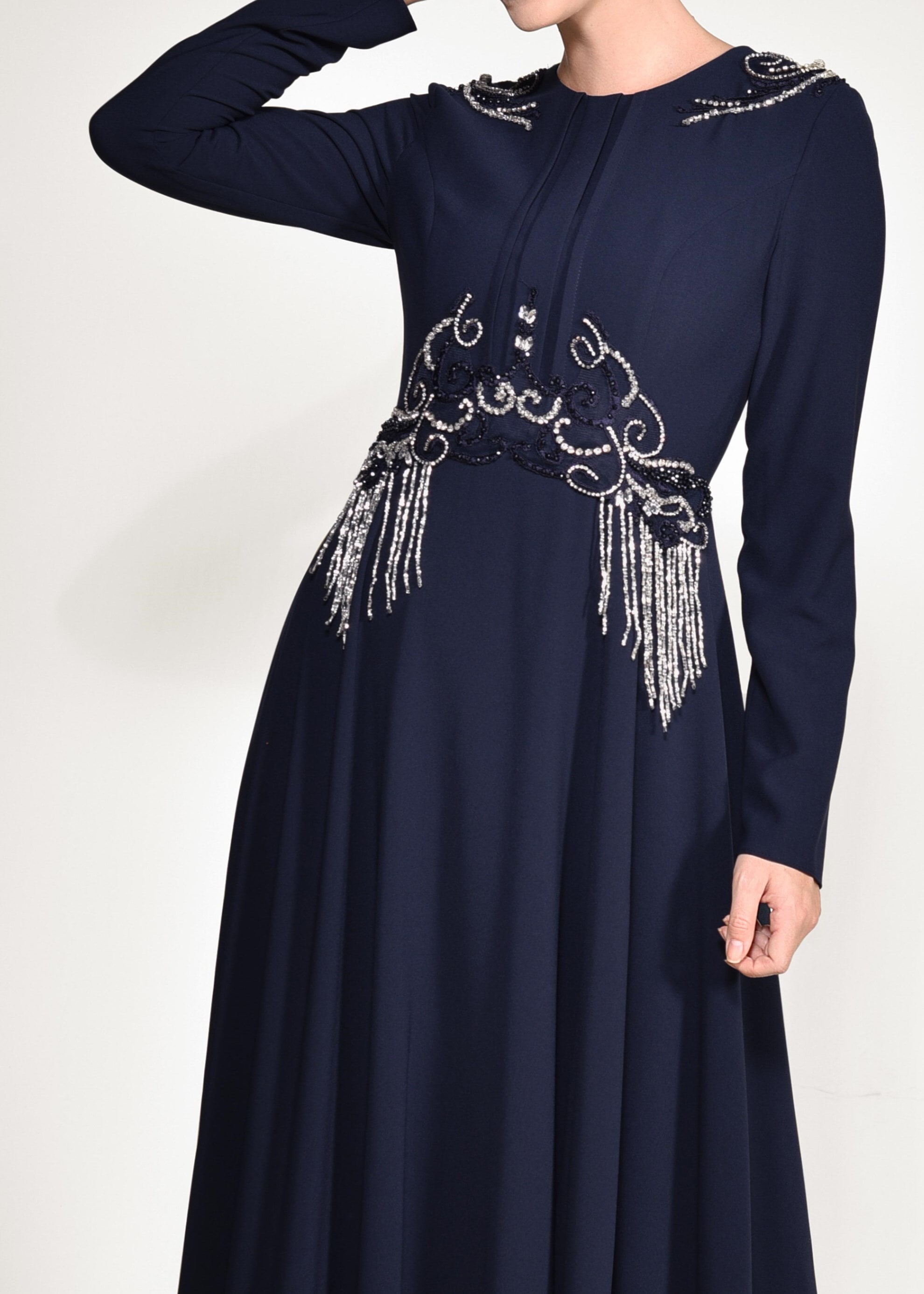 Tesettür giyim LACİVERT BONCUK İŞLEMELİ ABİYE ELBİSE 5490