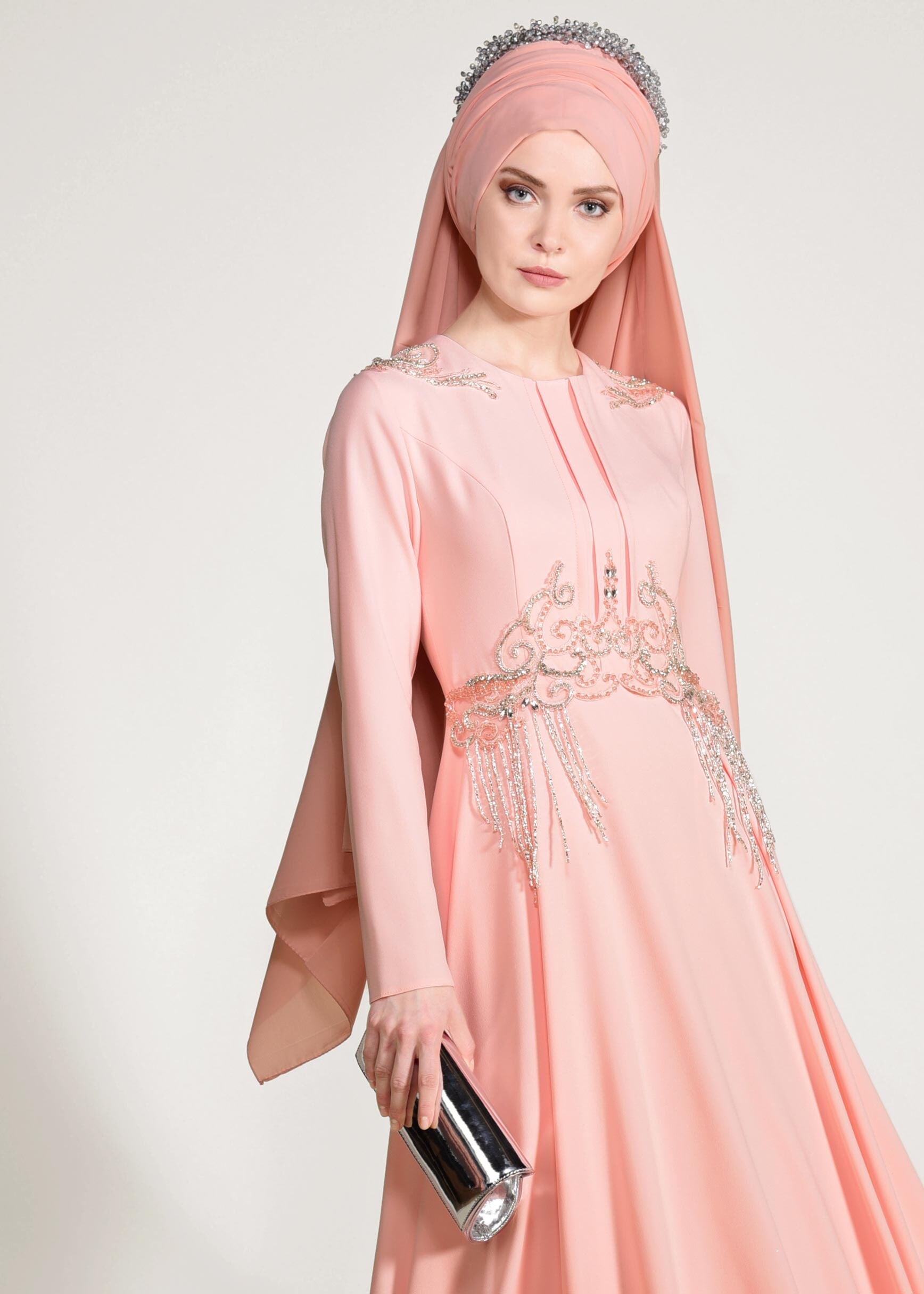 Tesettür giyim PEMBE BONCUK İŞLEMELİ ABİYE ELBİSE 5490 