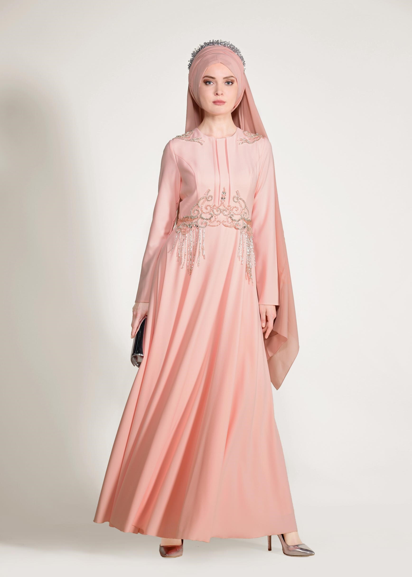 Tesettür giyim PEMBE BONCUK İŞLEMELİ ABİYE ELBİSE 5490 