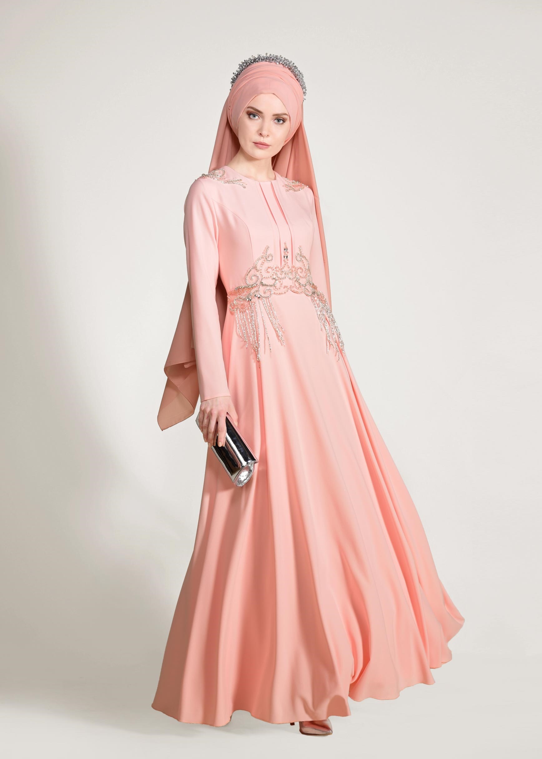 Tesettür giyim PEMBE BONCUK İŞLEMELİ ABİYE ELBİSE 5490 