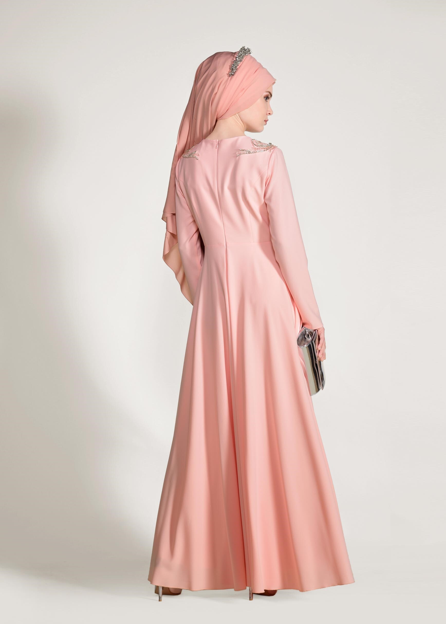 Tesettür giyim PEMBE BONCUK İŞLEMELİ ABİYE ELBİSE 5490 