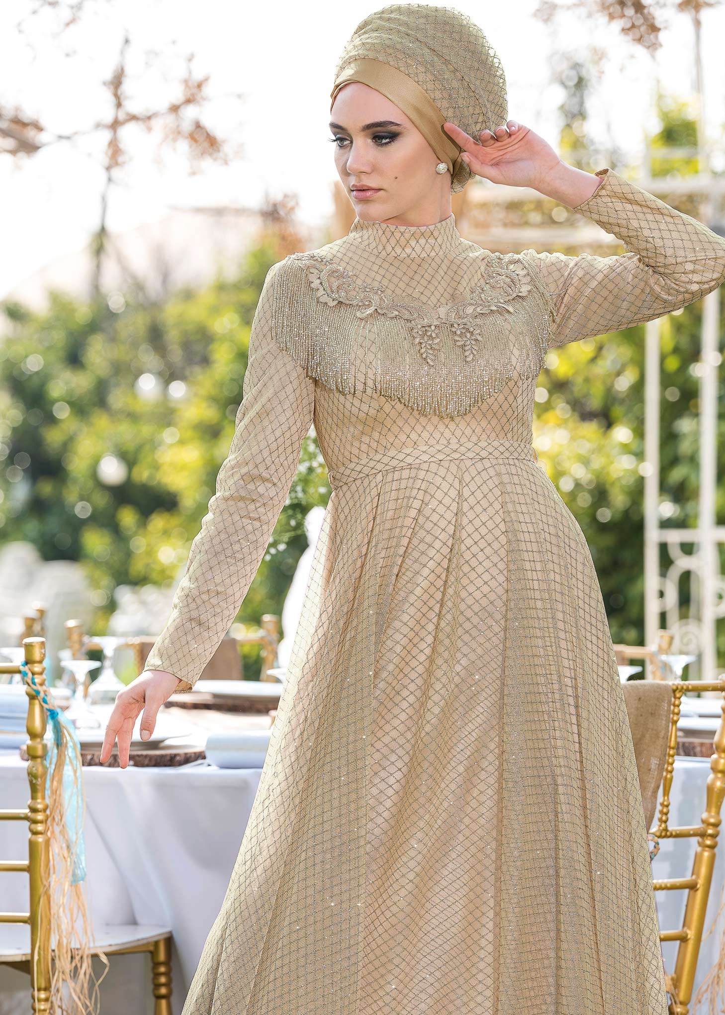 Tesettür giyim ALTIN BAKLAVA DESENLİ SİMLİ ABİYE ELBİSE 5491