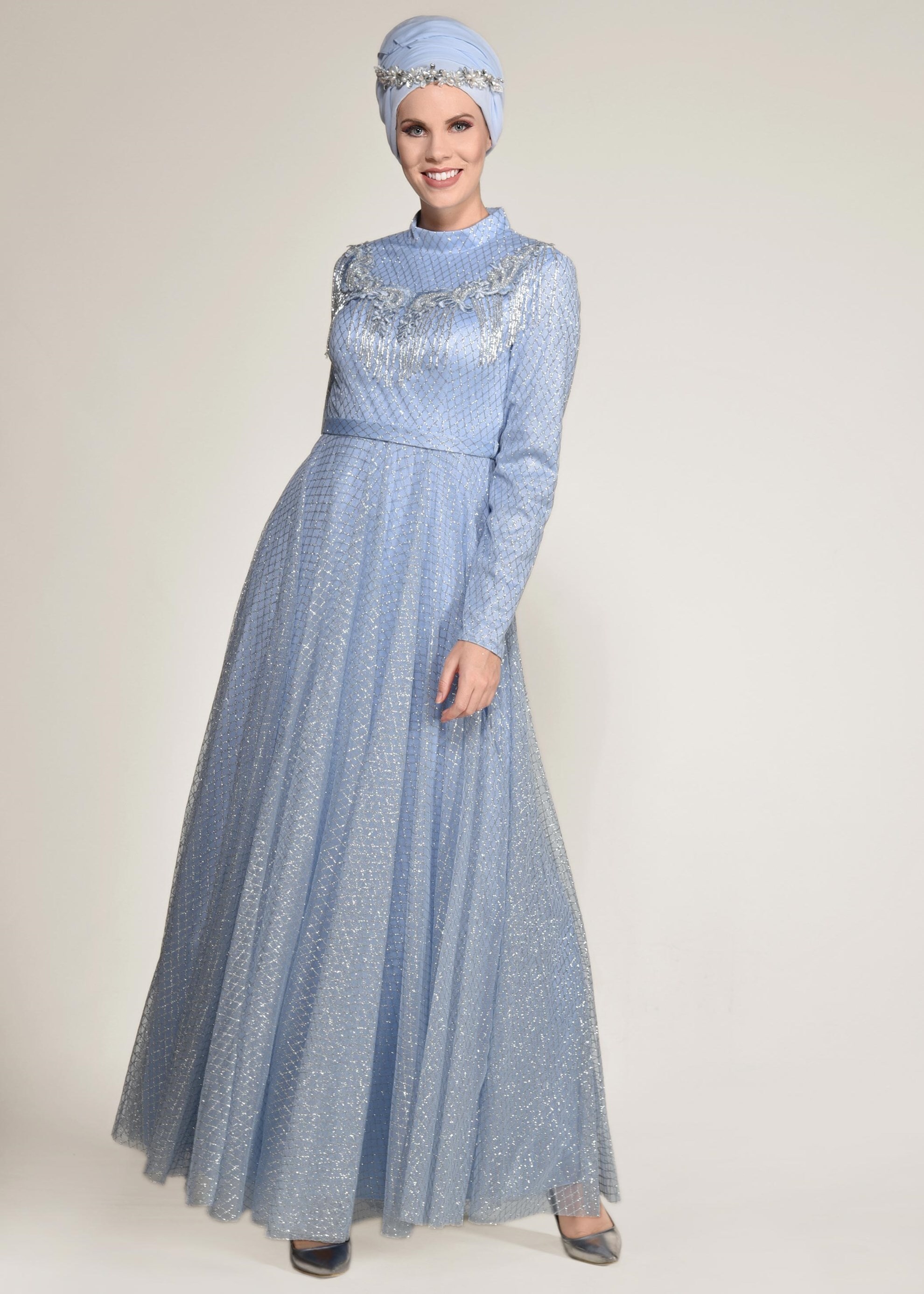 Tesettür giyim MAVİ BAKLAVA DESENLİ SİMLİ ABİYE ELBİSE 5491