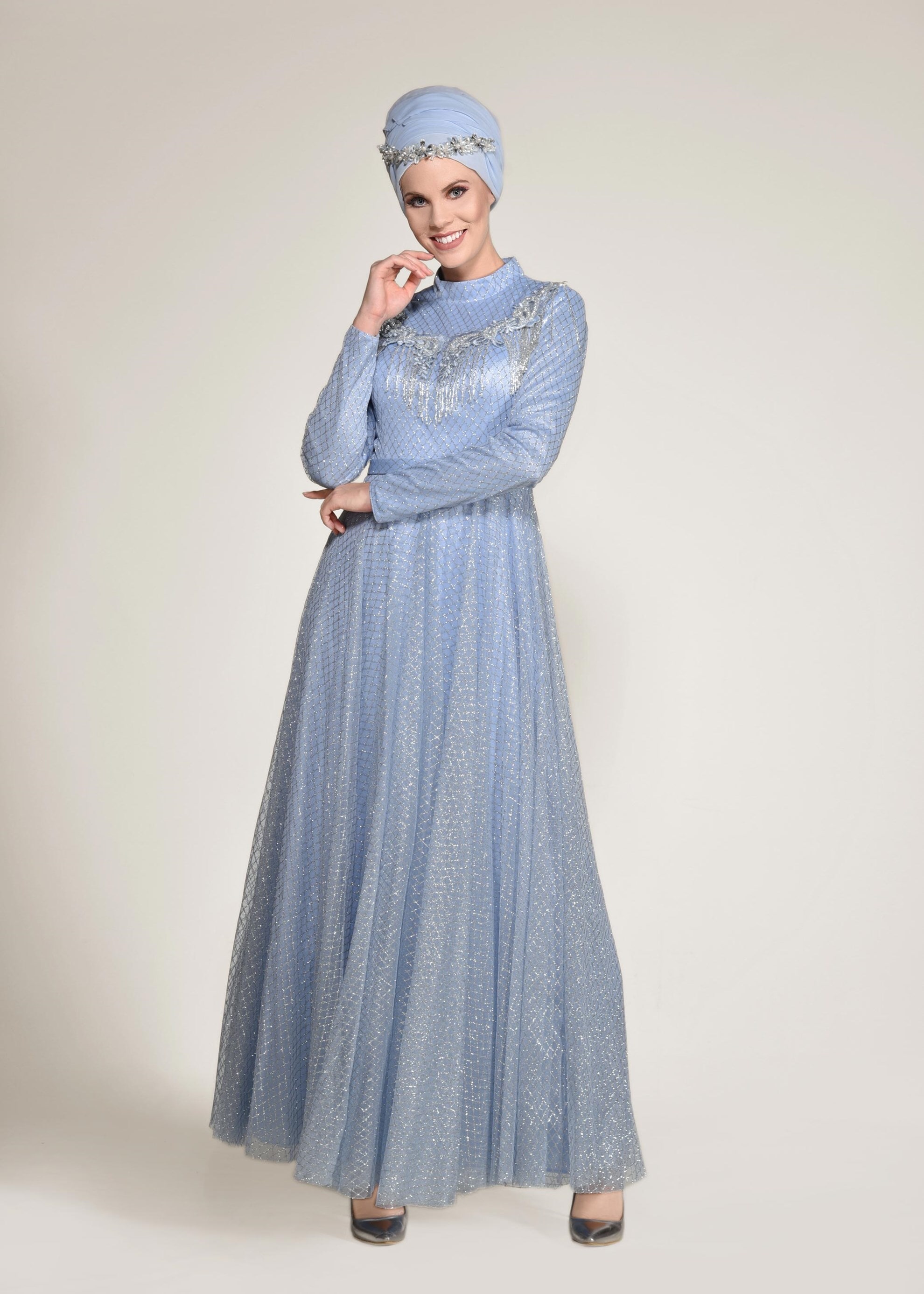 Tesettür giyim MAVİ BAKLAVA DESENLİ SİMLİ ABİYE ELBİSE 5491