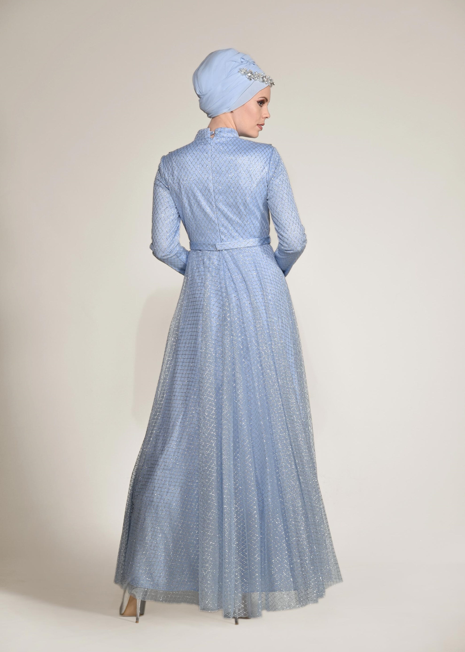 Tesettür giyim MAVİ BAKLAVA DESENLİ SİMLİ ABİYE ELBİSE 5491