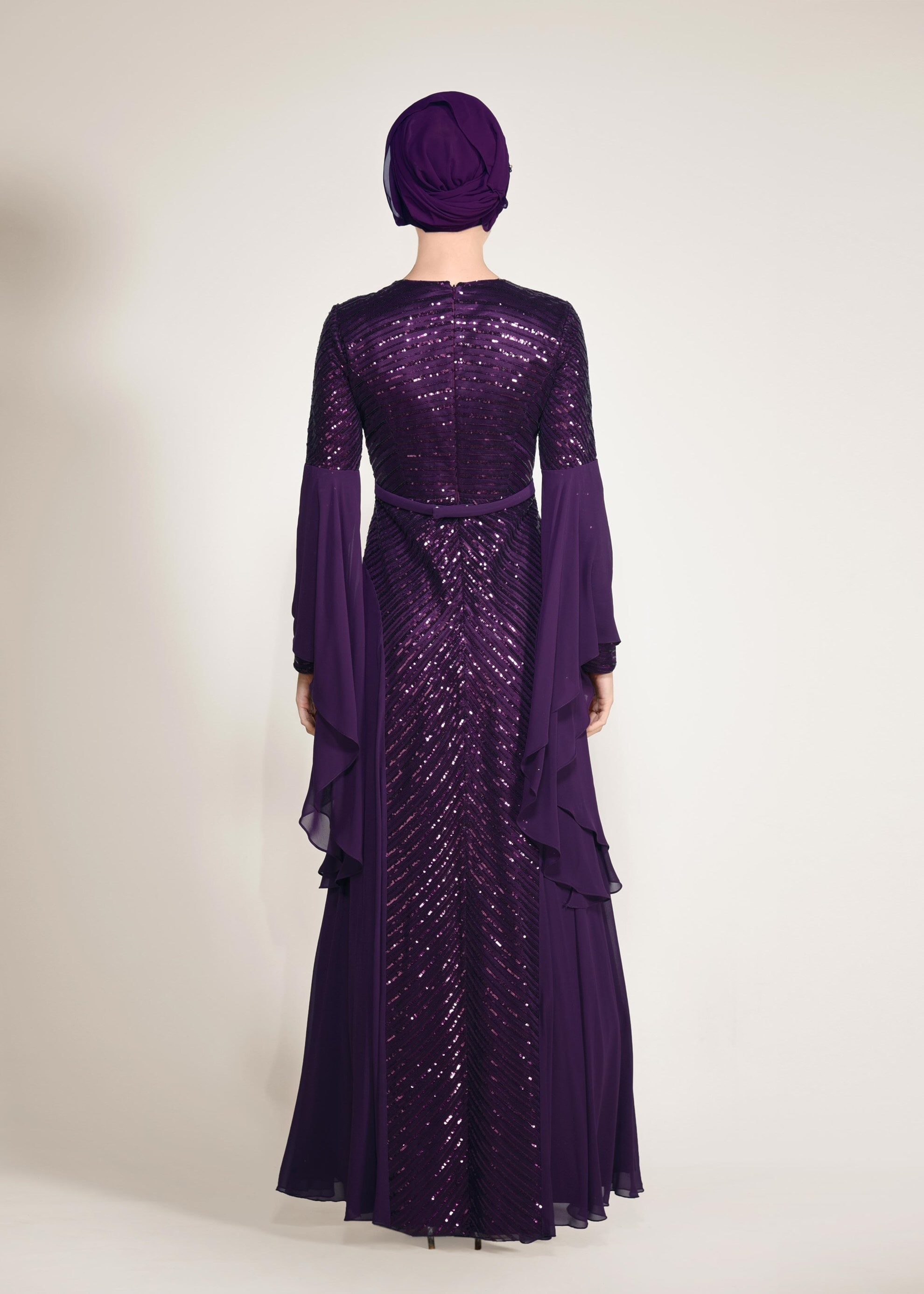 Tesettür giyim MOR KOLLARI VOLANLI PUL PAYET ŞİFON ABİYE ELBİSE 5493