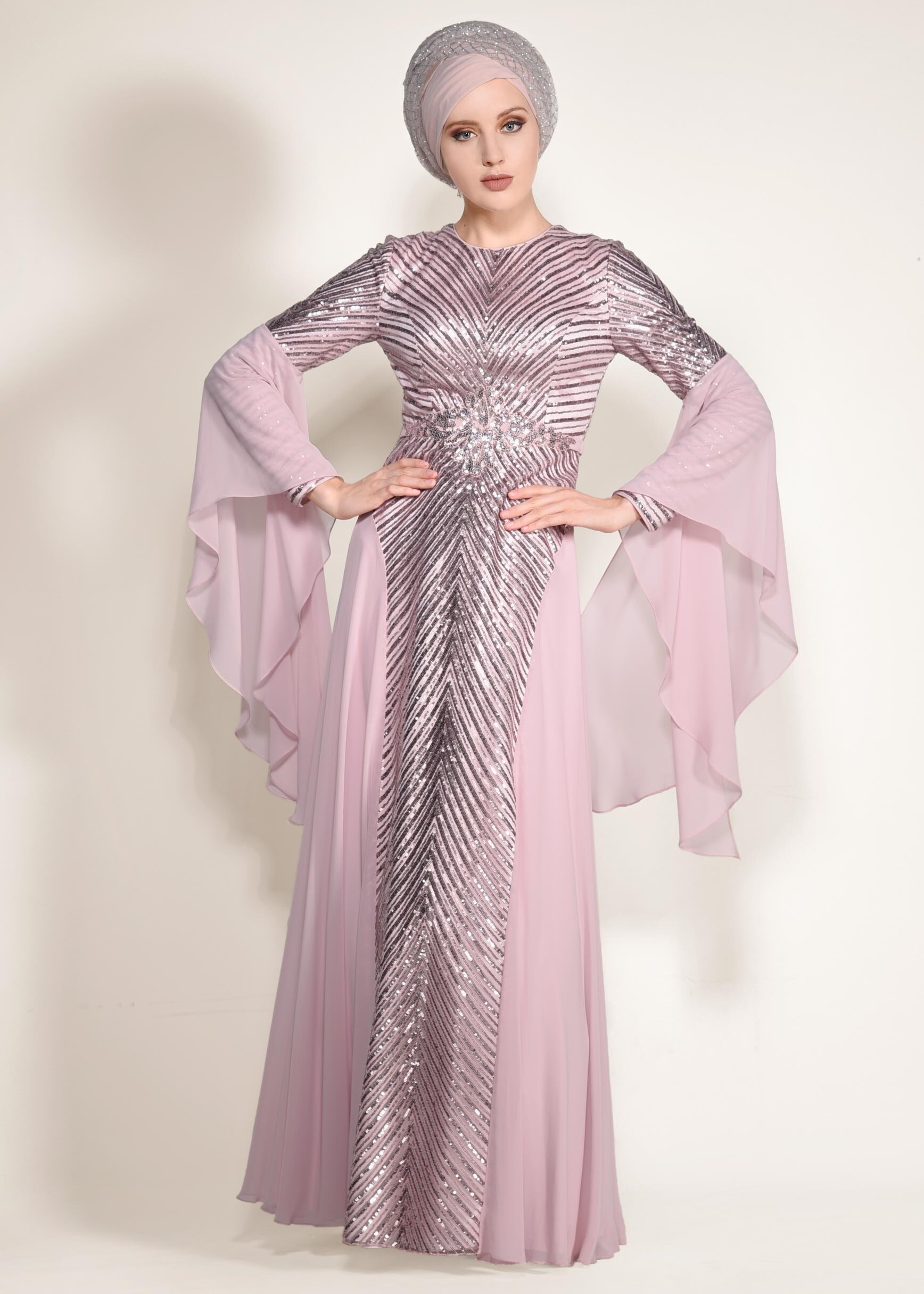 Tesettür giyim PUDRA KOLLARI VOLANLI PUL PAYET ŞİFON ABİYE ELBİSE 5493