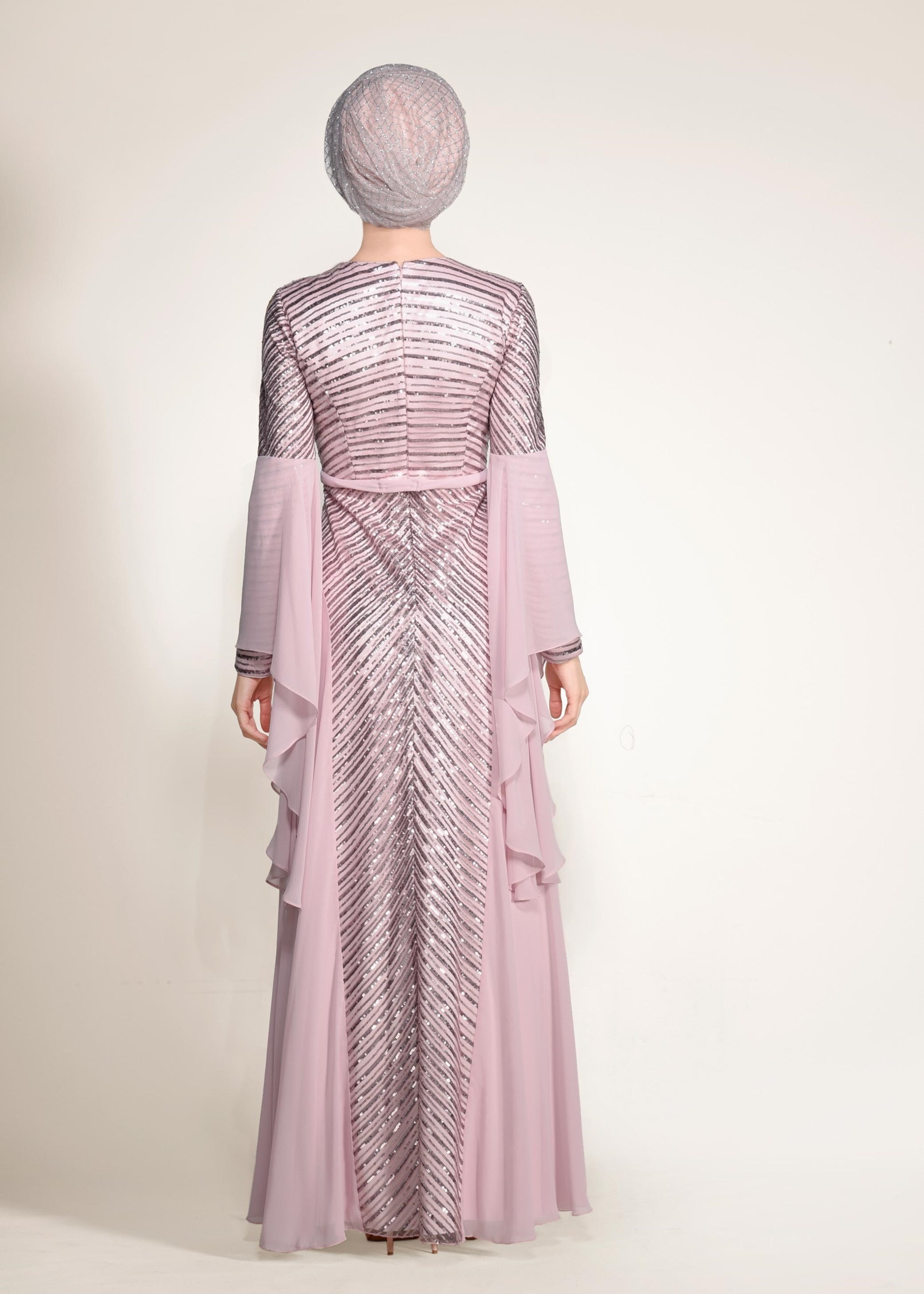 Tesettür giyim PUDRA KOLLARI VOLANLI PUL PAYET ŞİFON ABİYE ELBİSE 5493