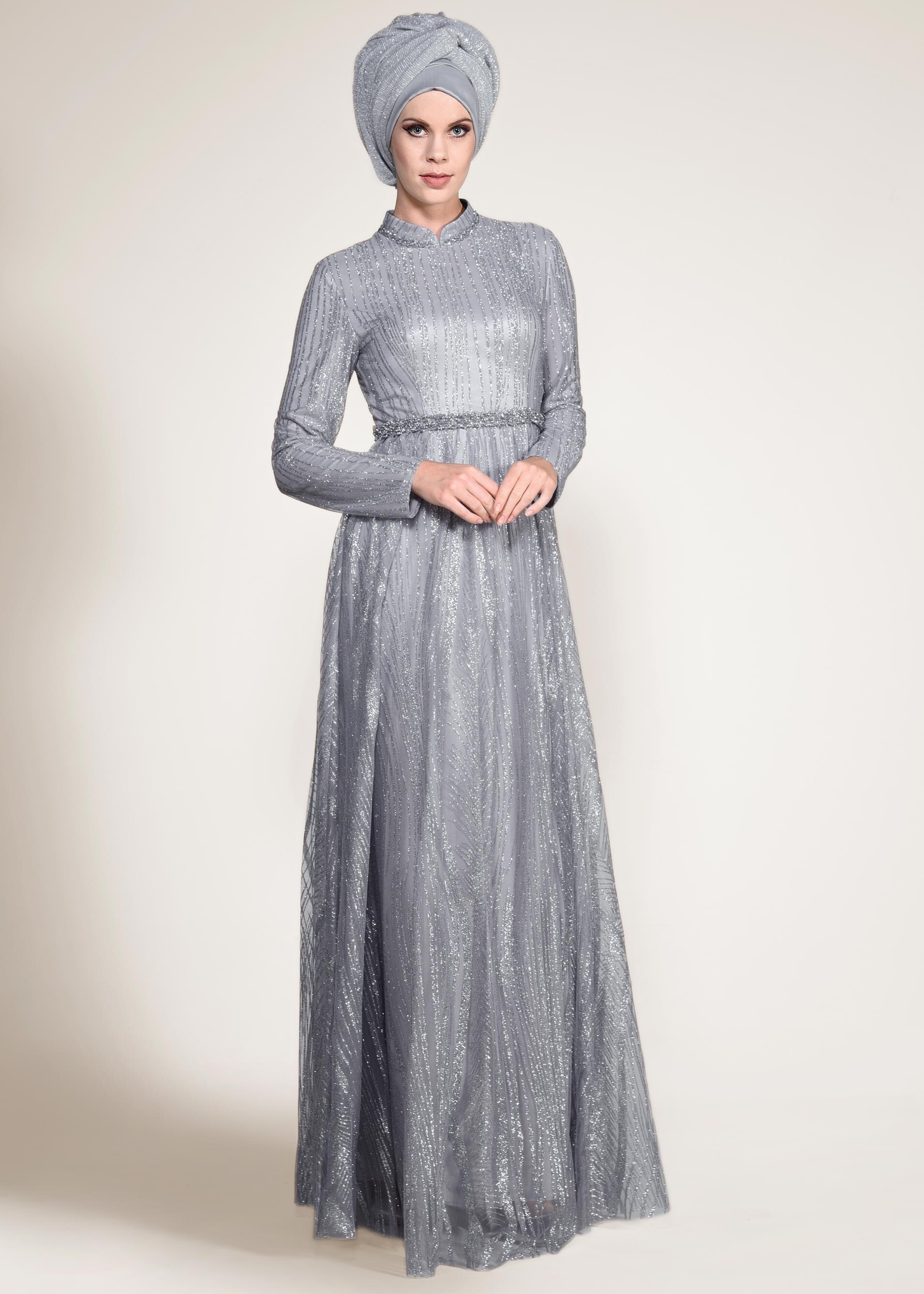 Tesettür giyim GRİ HAKİM YAKA SİMLİ ABİYE ELBİSE 5496