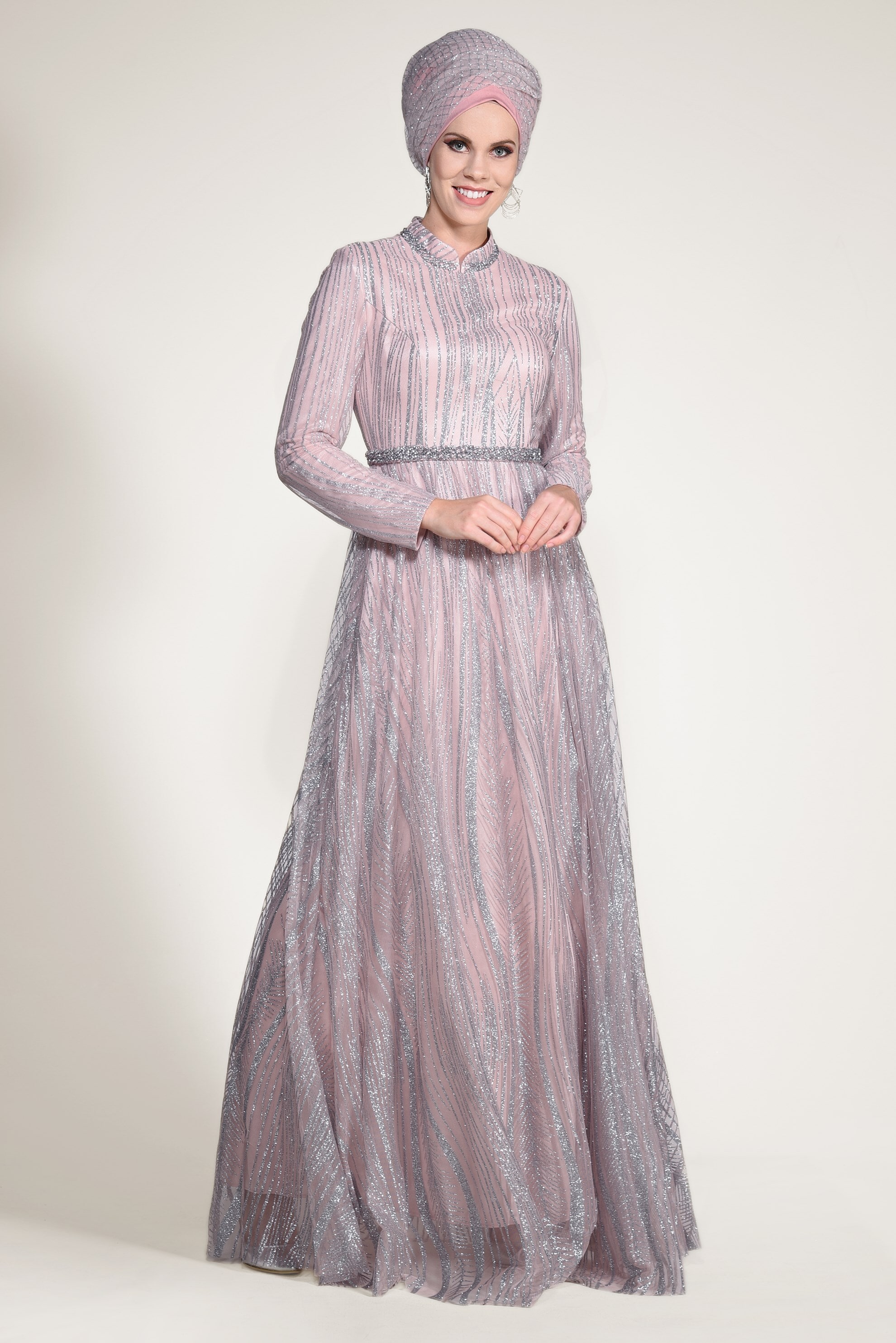 Tesettür giyim PUDRA HAKİM YAKA SİMLİ ABİYE ELBİSE 5496